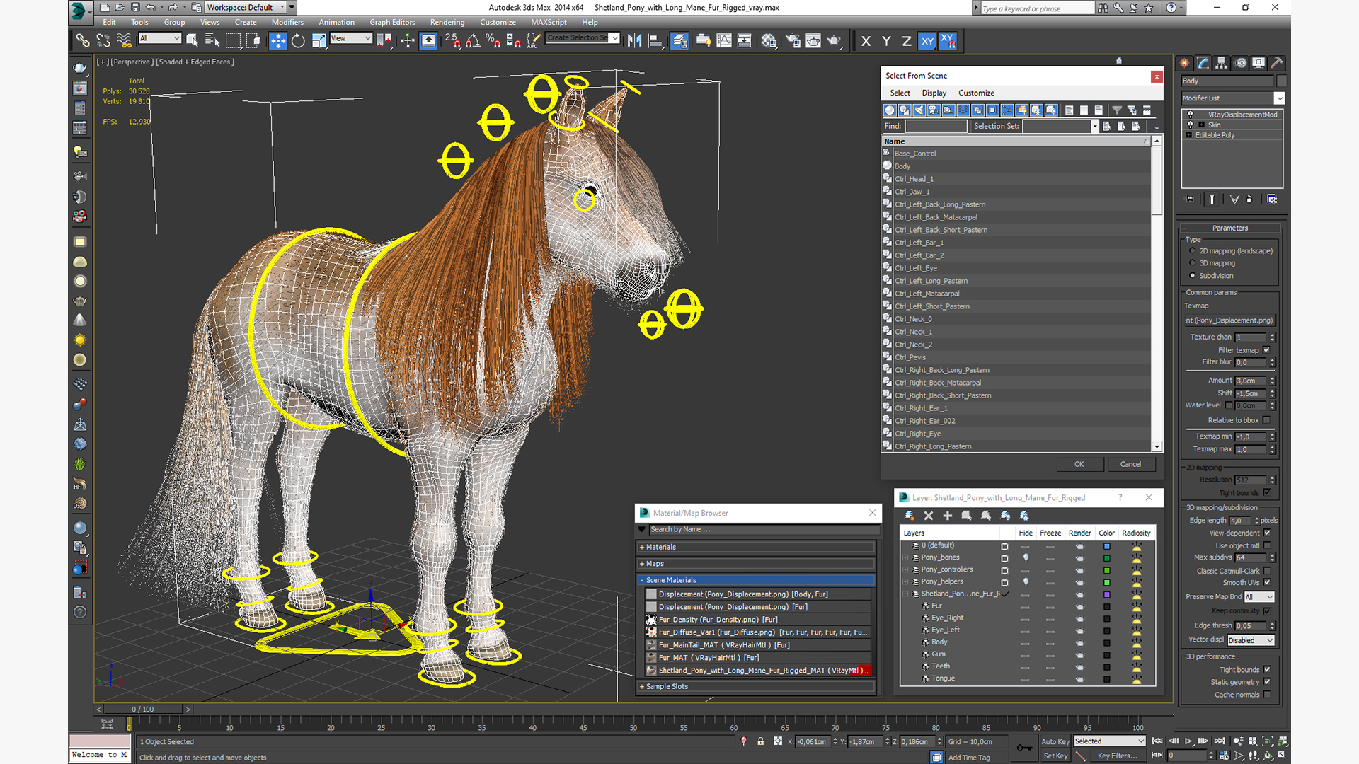 Shetland Pony with Long Mane Fur Rigged 3D model