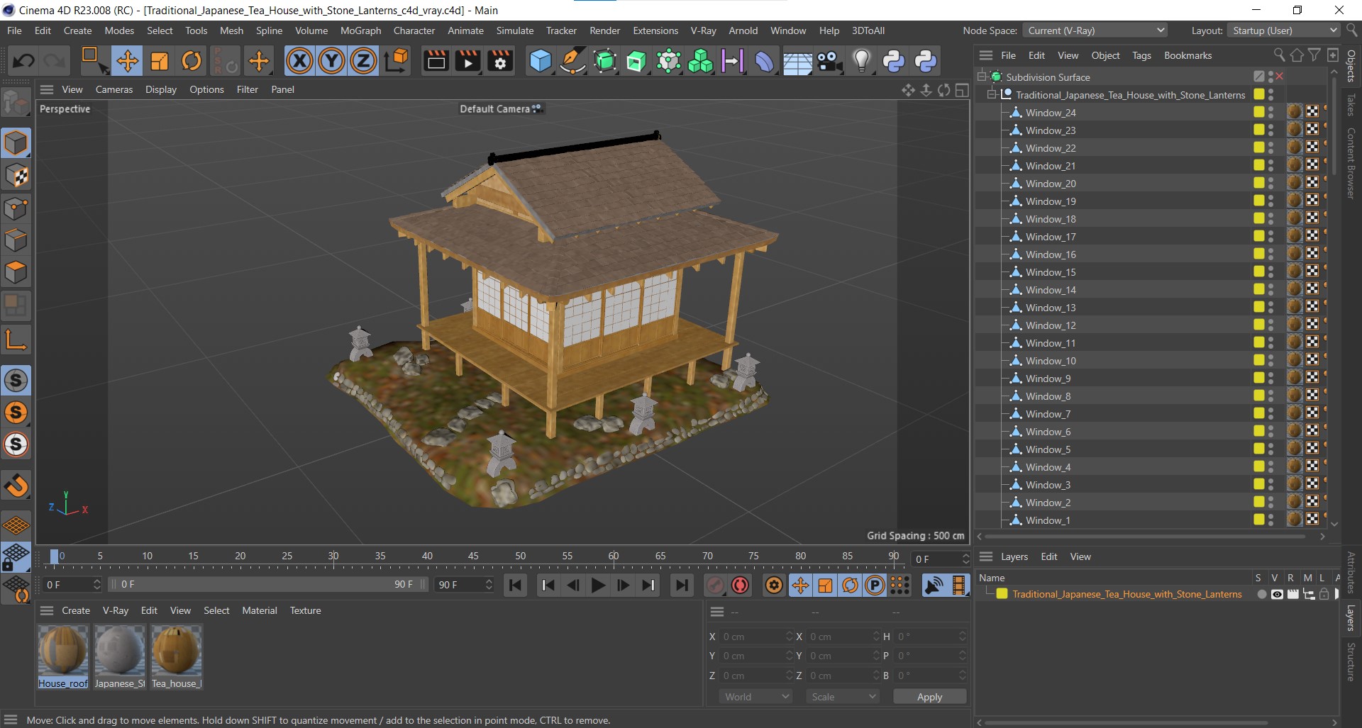3D model Traditional Japanese Tea House with Stone Lanterns