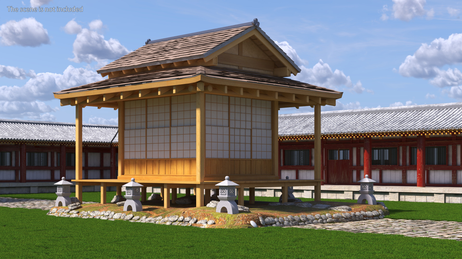 3D model Traditional Japanese Tea House with Stone Lanterns