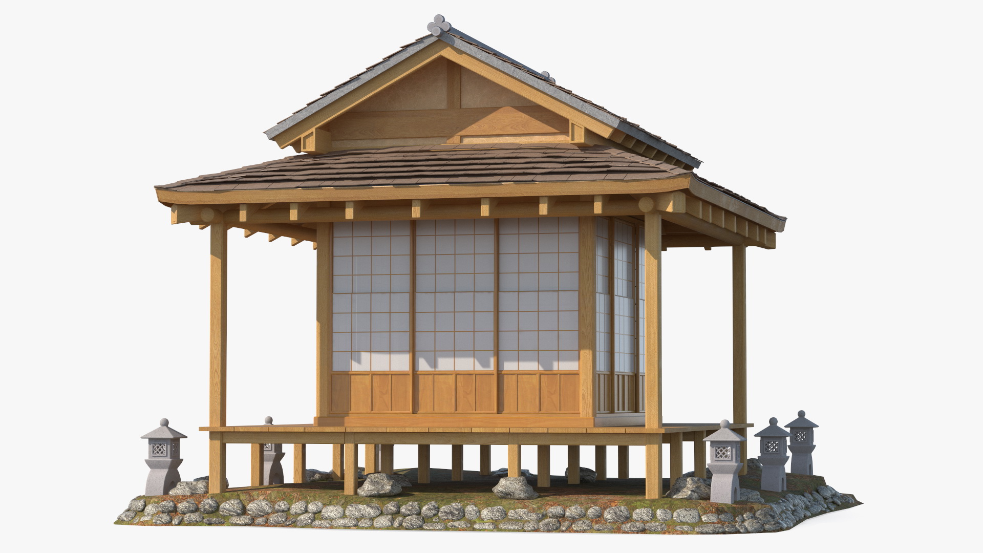3D model Traditional Japanese Tea House with Stone Lanterns