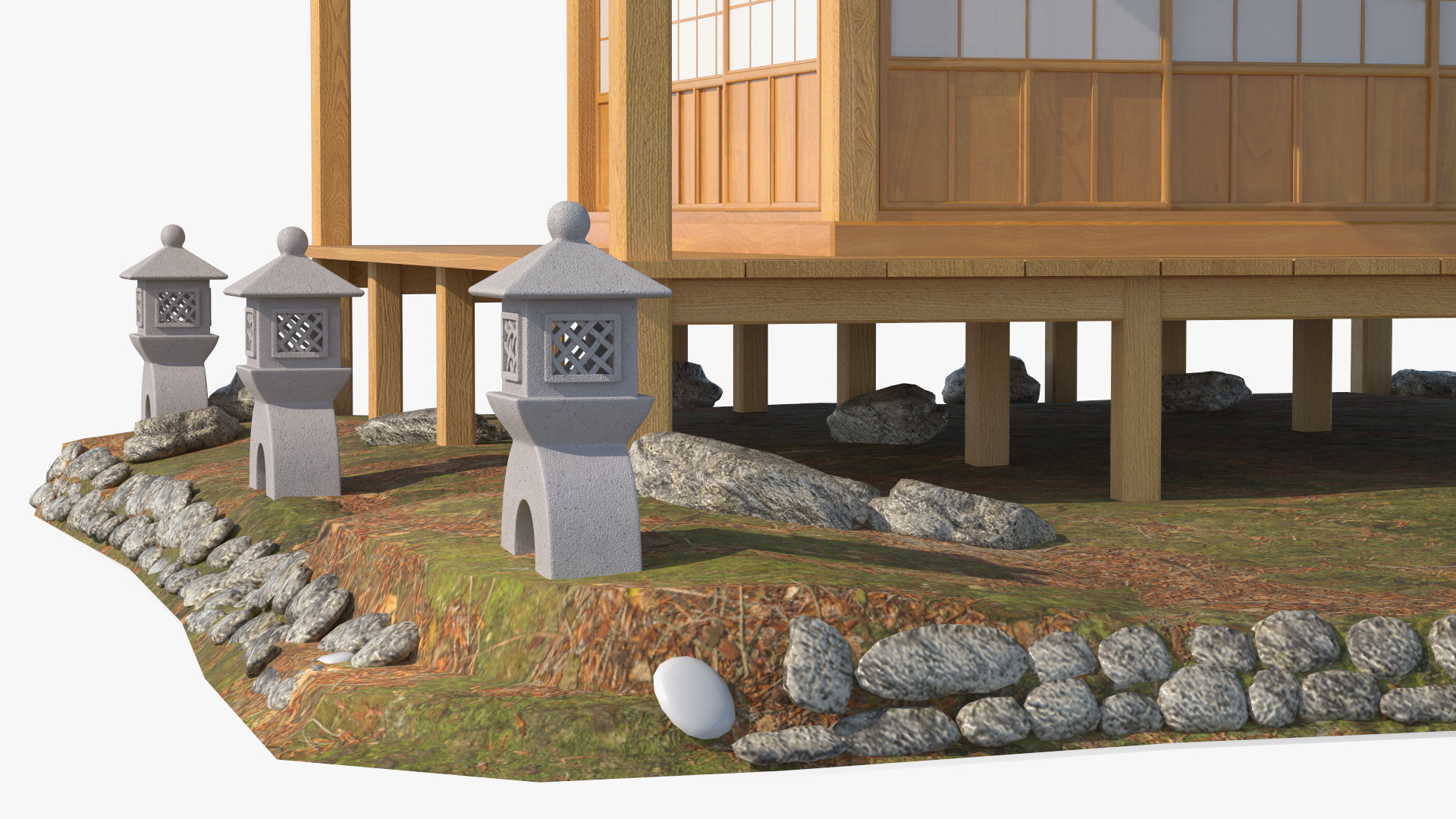 3D model Traditional Japanese Tea House with Stone Lanterns
