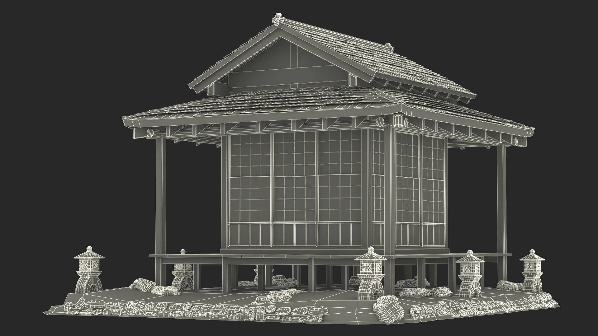 3D model Traditional Japanese Tea House with Stone Lanterns