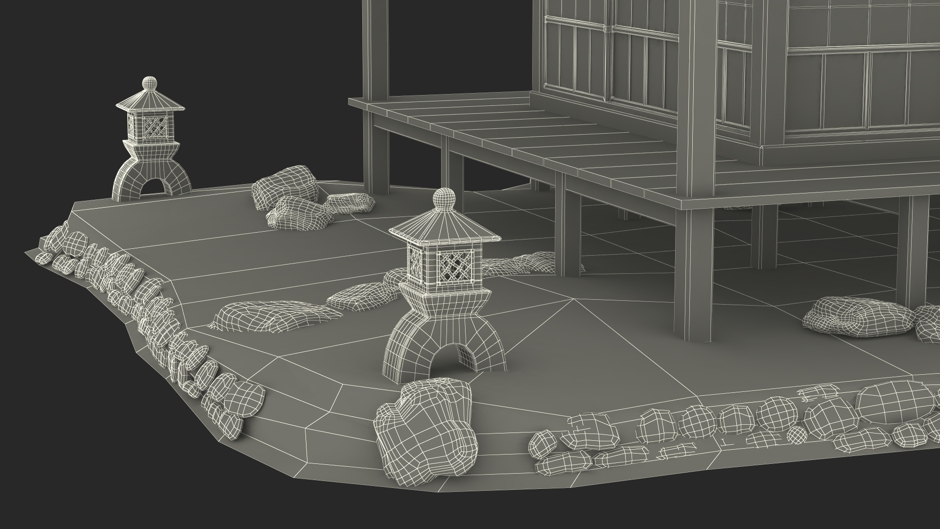 3D model Traditional Japanese Tea House with Stone Lanterns