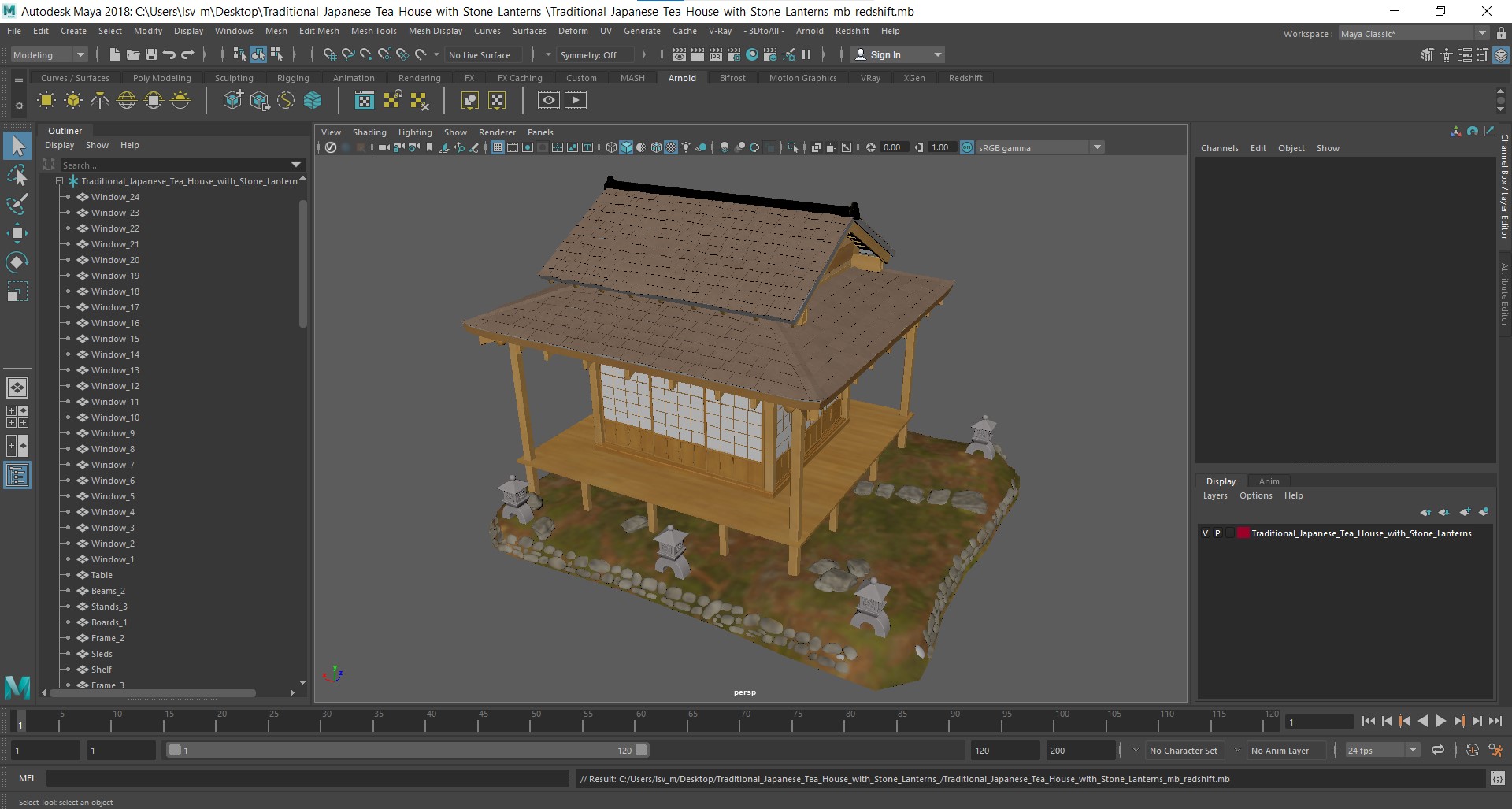 3D model Traditional Japanese Tea House with Stone Lanterns