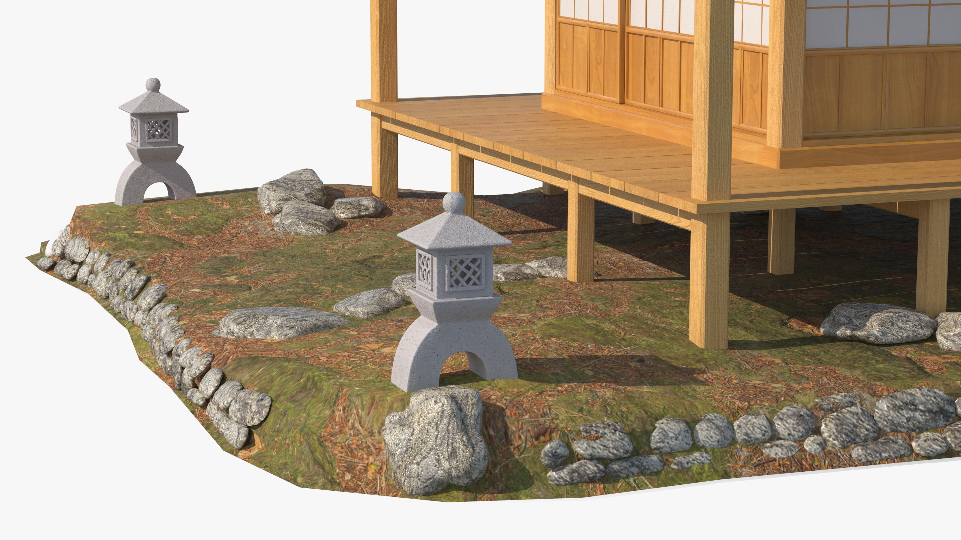3D model Traditional Japanese Tea House with Stone Lanterns