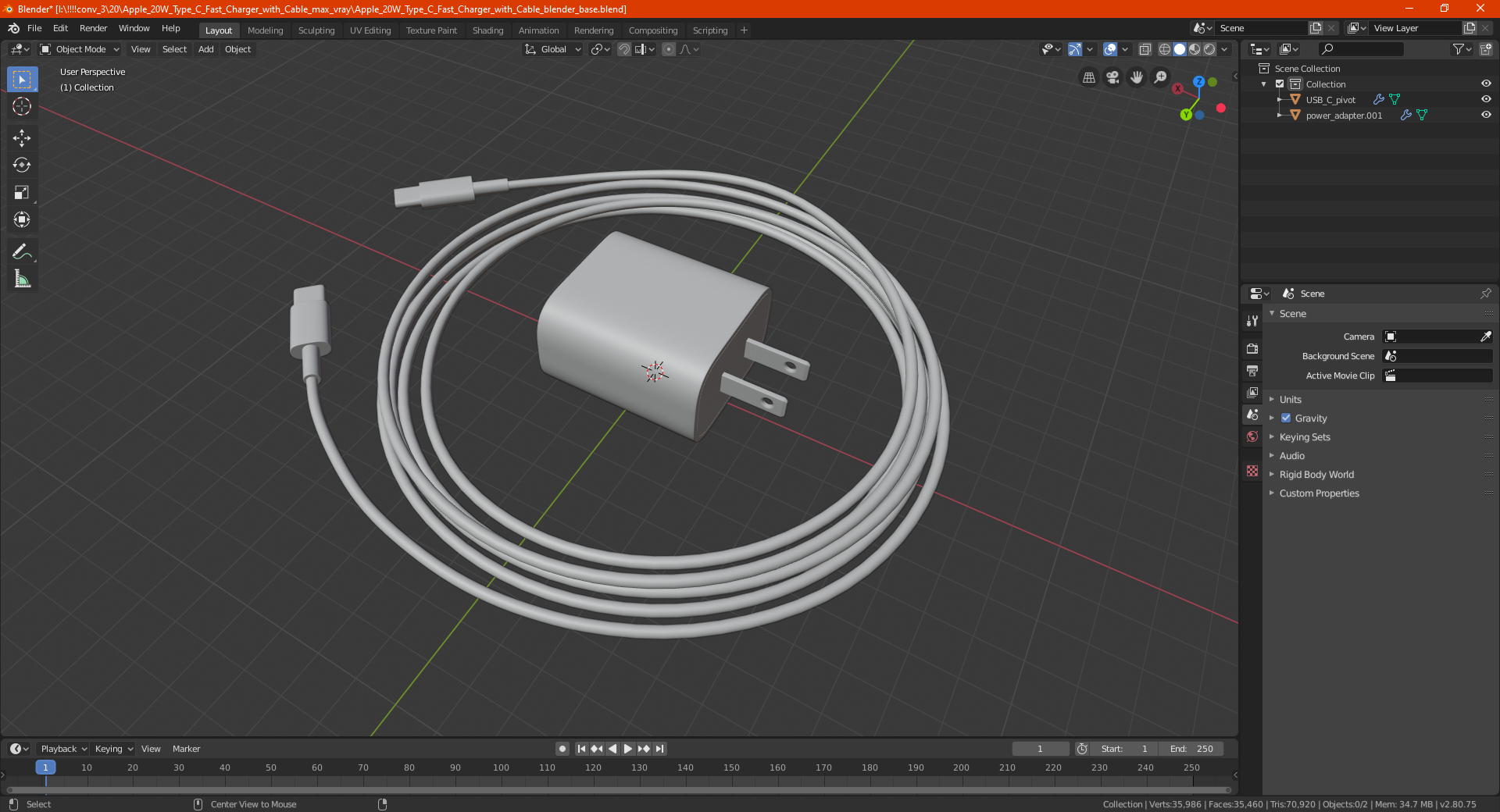 3D model Apple 20W Type C Fast Charger with Cable
