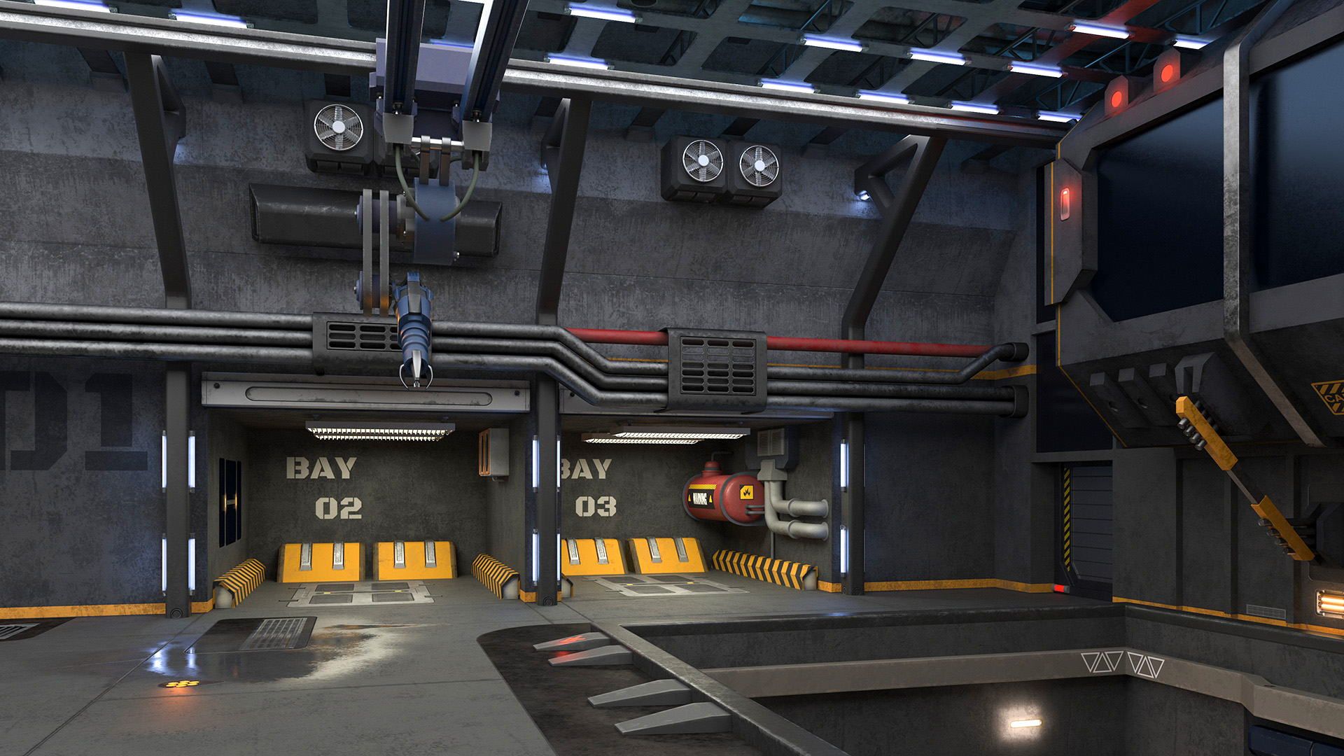 3D Futuristic Hangar Interior Blue Lights model