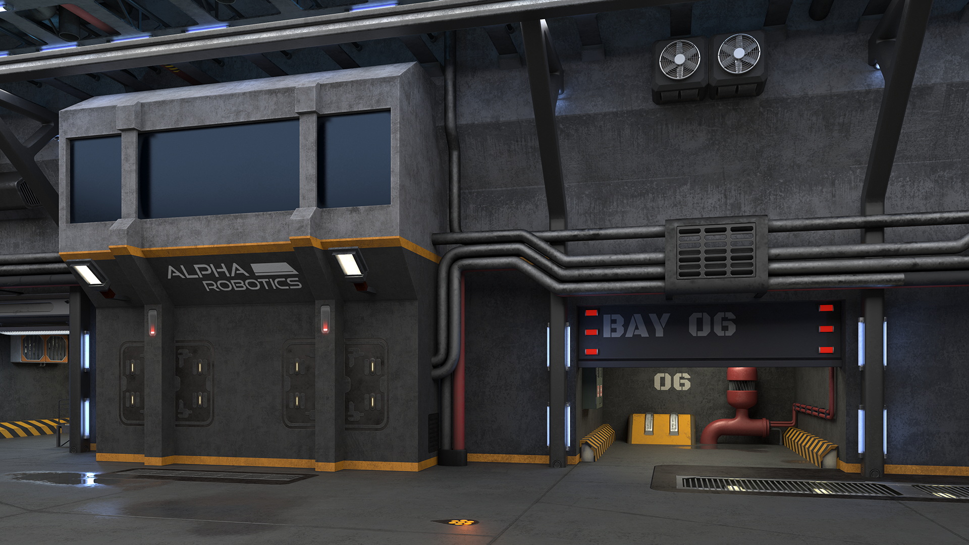 3D Futuristic Hangar Interior Blue Lights model