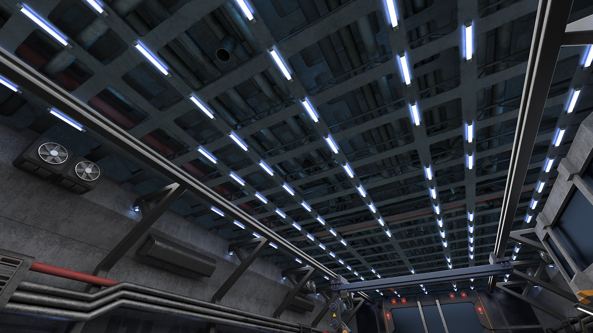 3D Futuristic Hangar Interior Blue Lights model