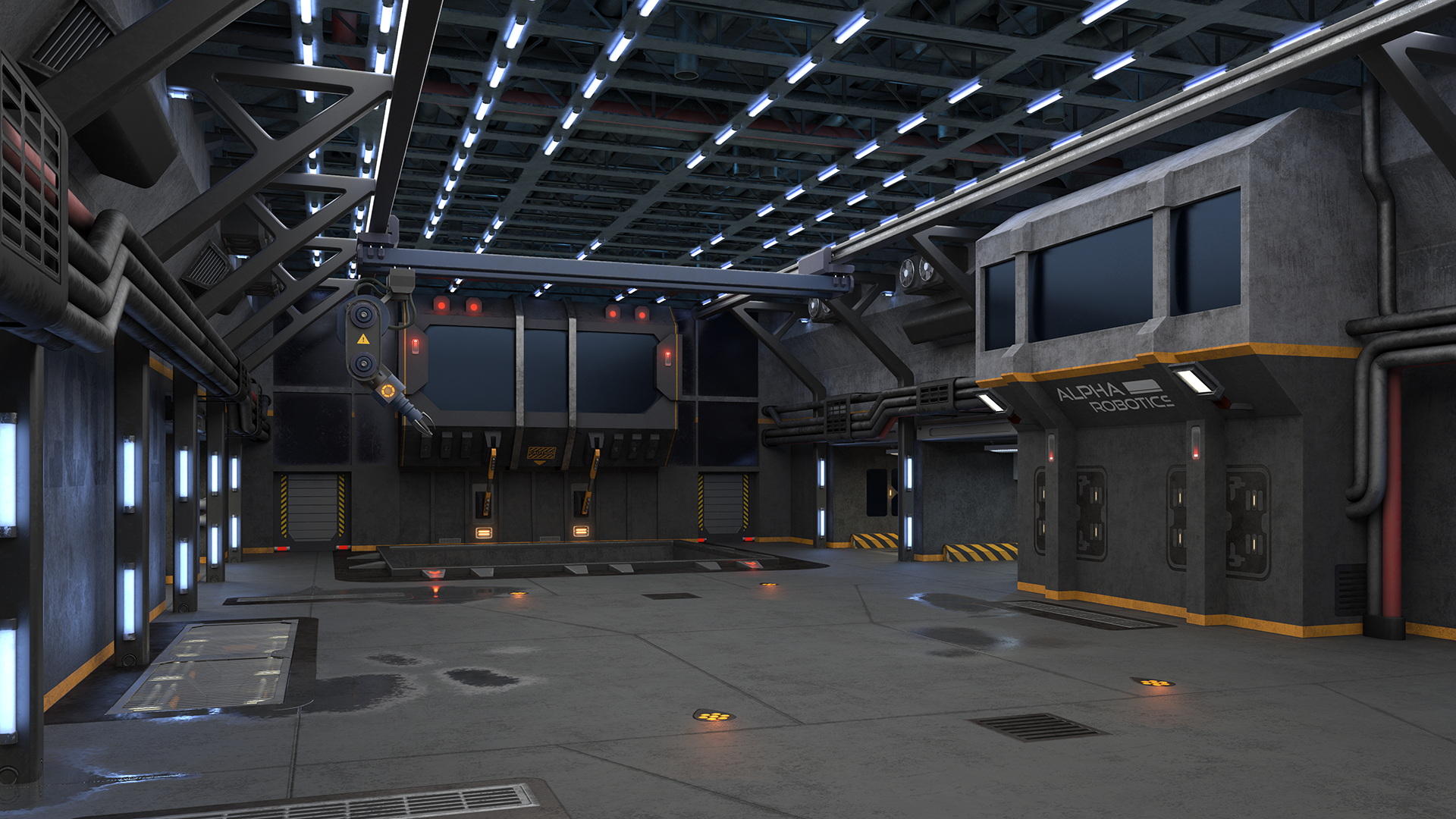 3D Futuristic Hangar Interior Blue Lights model