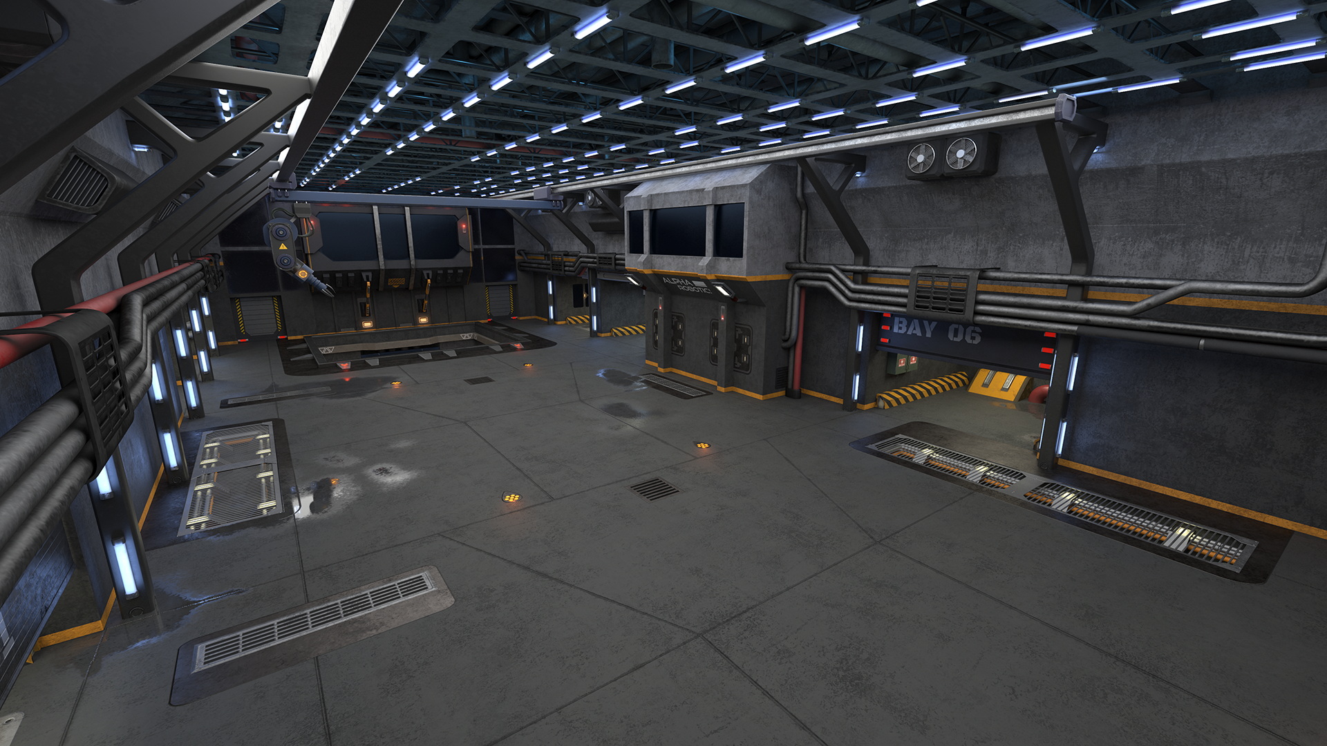 3D Futuristic Hangar Interior Blue Lights model