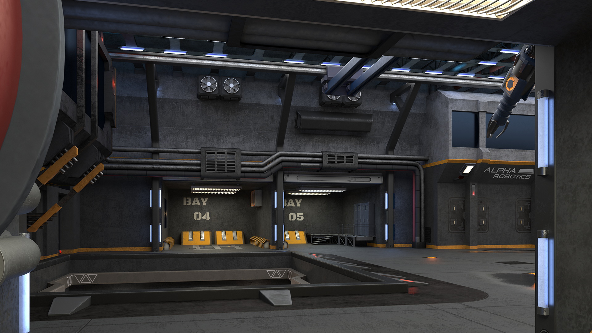 3D Futuristic Hangar Interior Blue Lights model