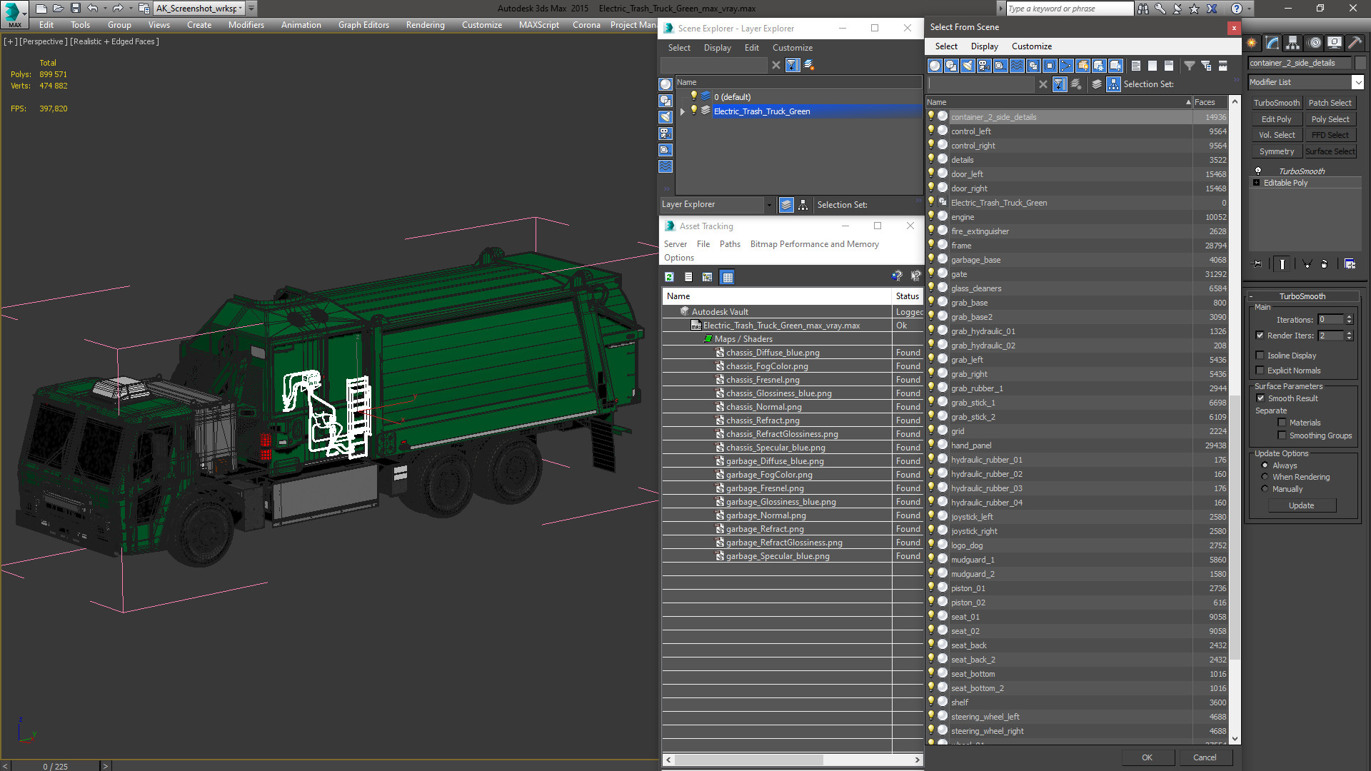 3D Electric Trash Truck Green