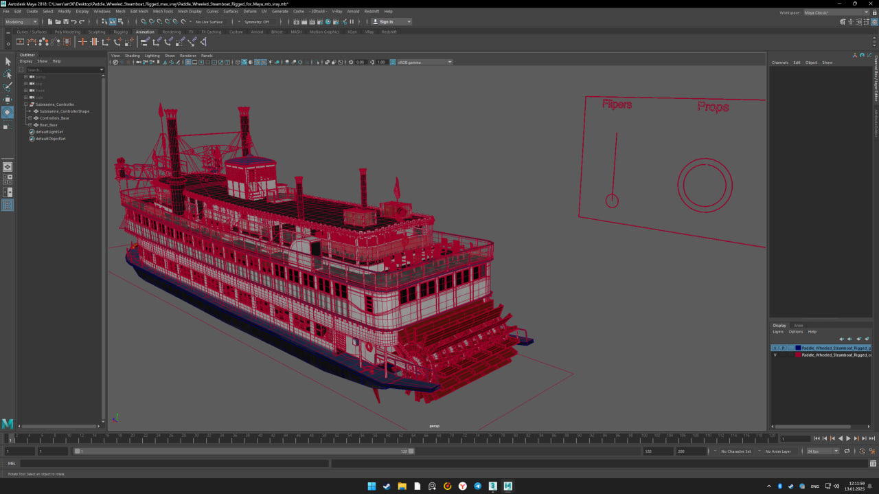 3D model Paddle Wheeled Steamboat Rigged for Maya