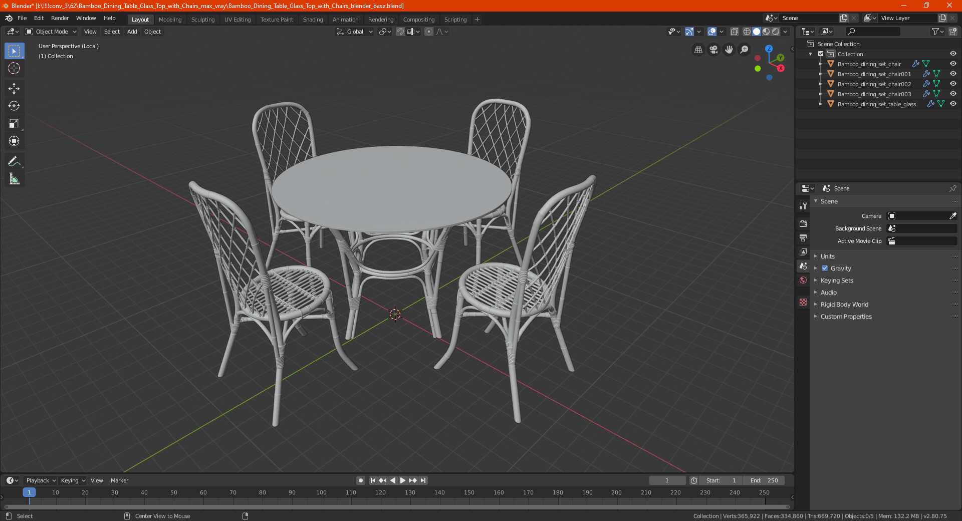 3D Bamboo Dining Table Glass Top with Chairs