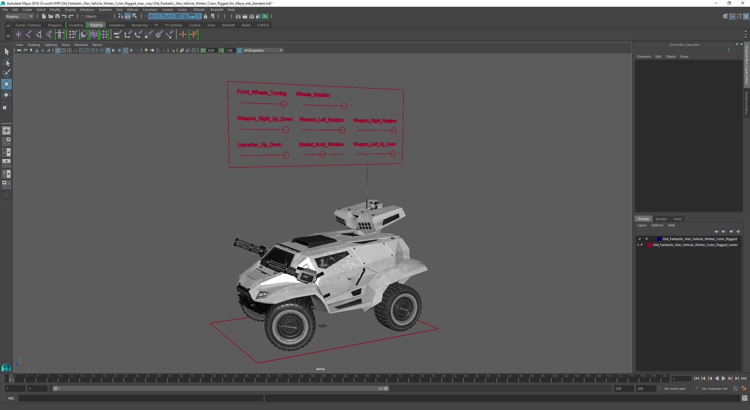 Old Fantastic War Vehicle Winter Color Rigged for Maya 3D model