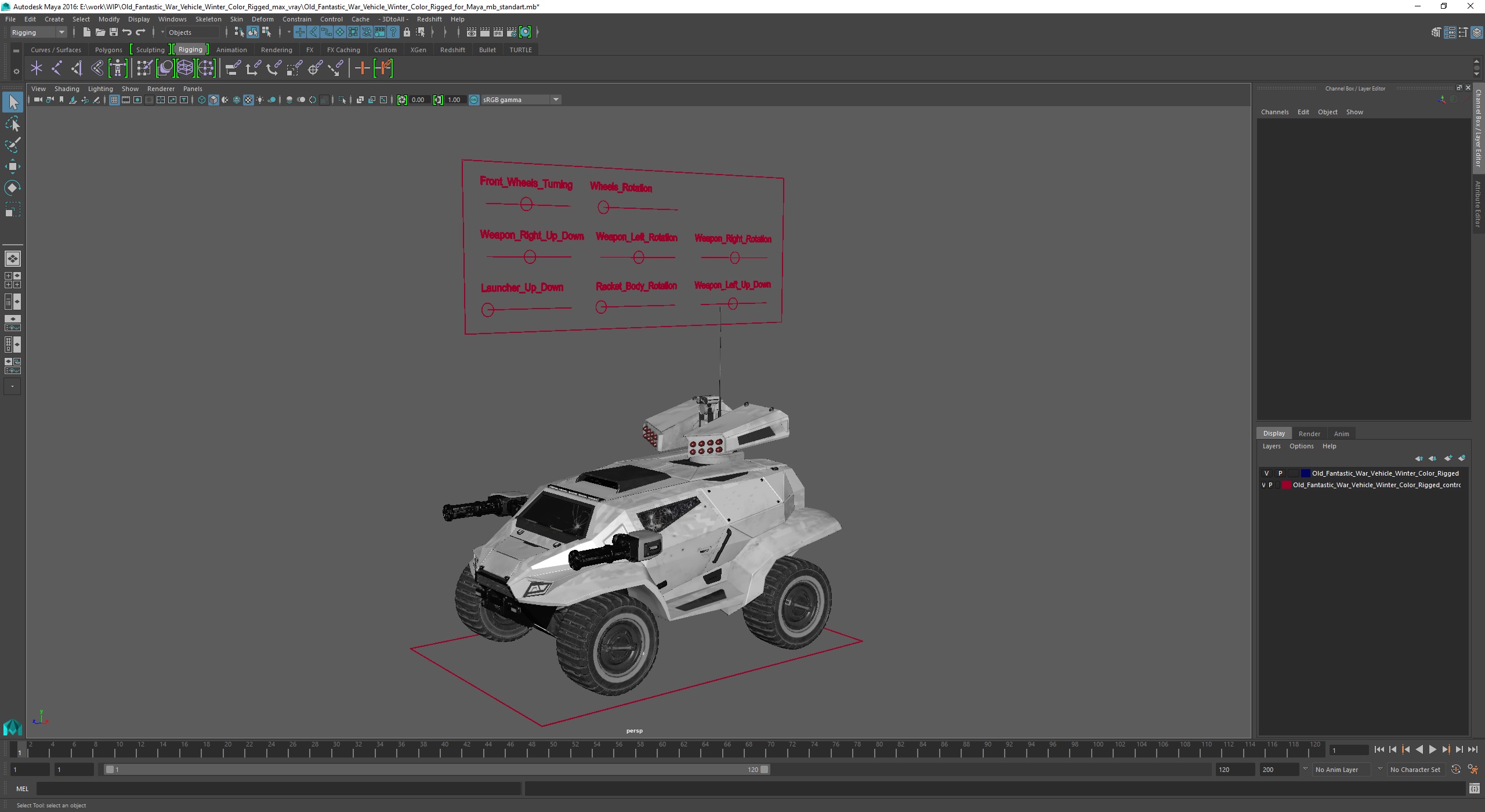 Old Fantastic War Vehicle Winter Color Rigged for Maya 3D model