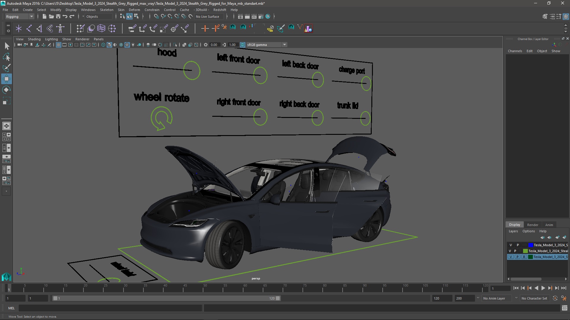 Tesla Model 3 2024 Stealth Grey Rigged for Maya 3D