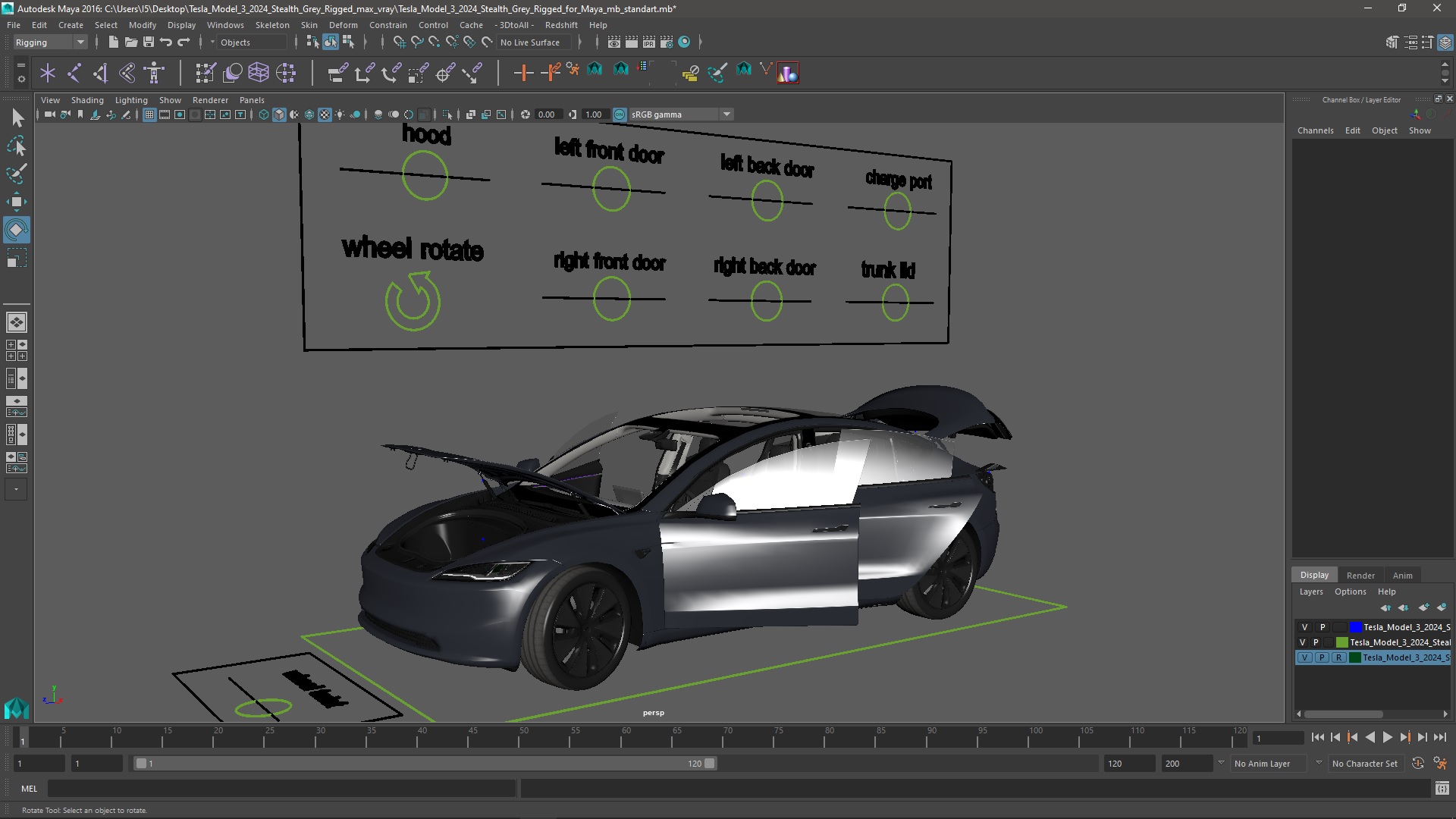 Tesla Model 3 2024 Stealth Grey Rigged for Maya 3D