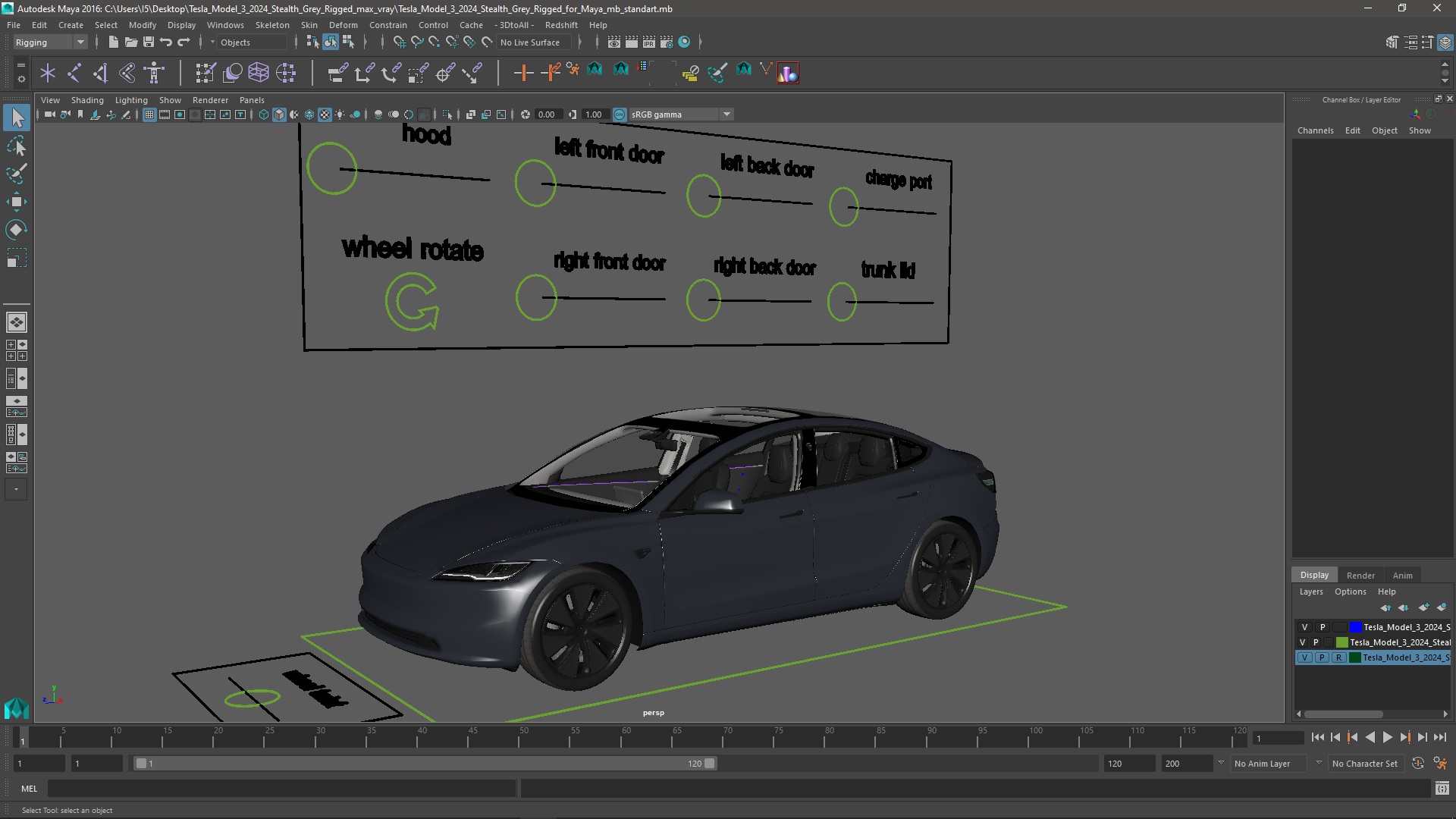Tesla Model 3 2024 Stealth Grey Rigged for Maya 3D