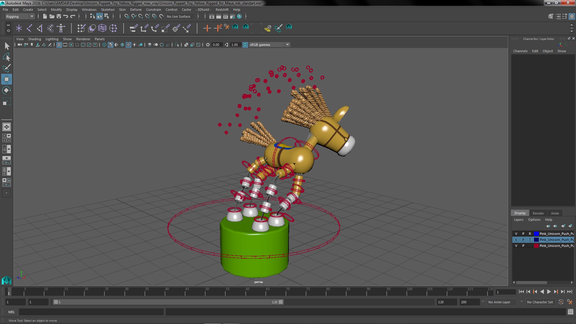 3D Unicorn Puppet Toy Yellow Rigged for Maya