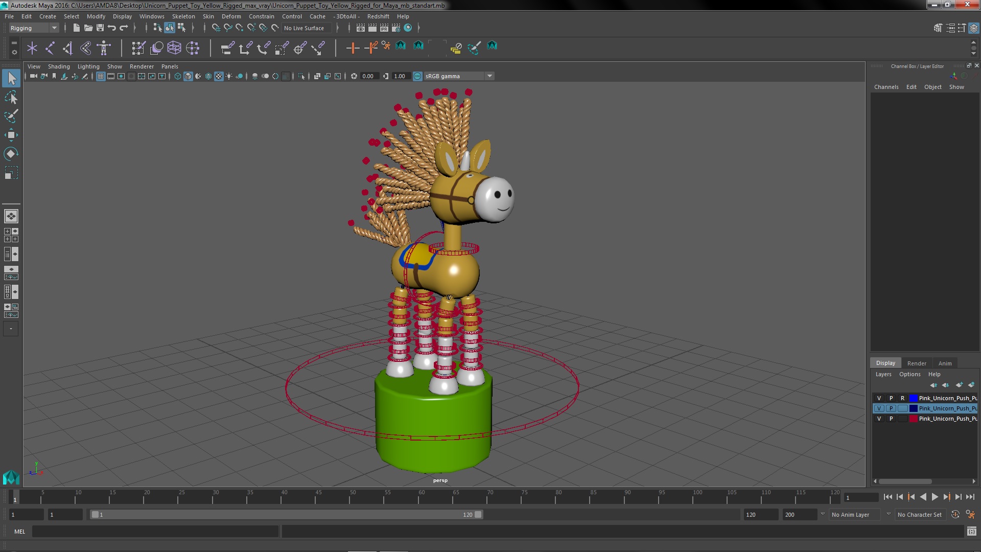 3D Unicorn Puppet Toy Yellow Rigged for Maya