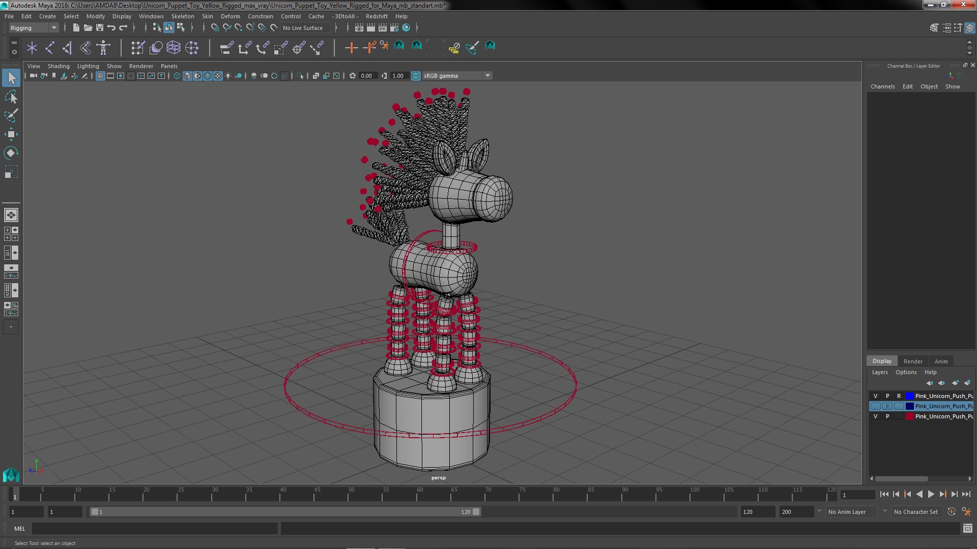3D Unicorn Puppet Toy Yellow Rigged for Maya