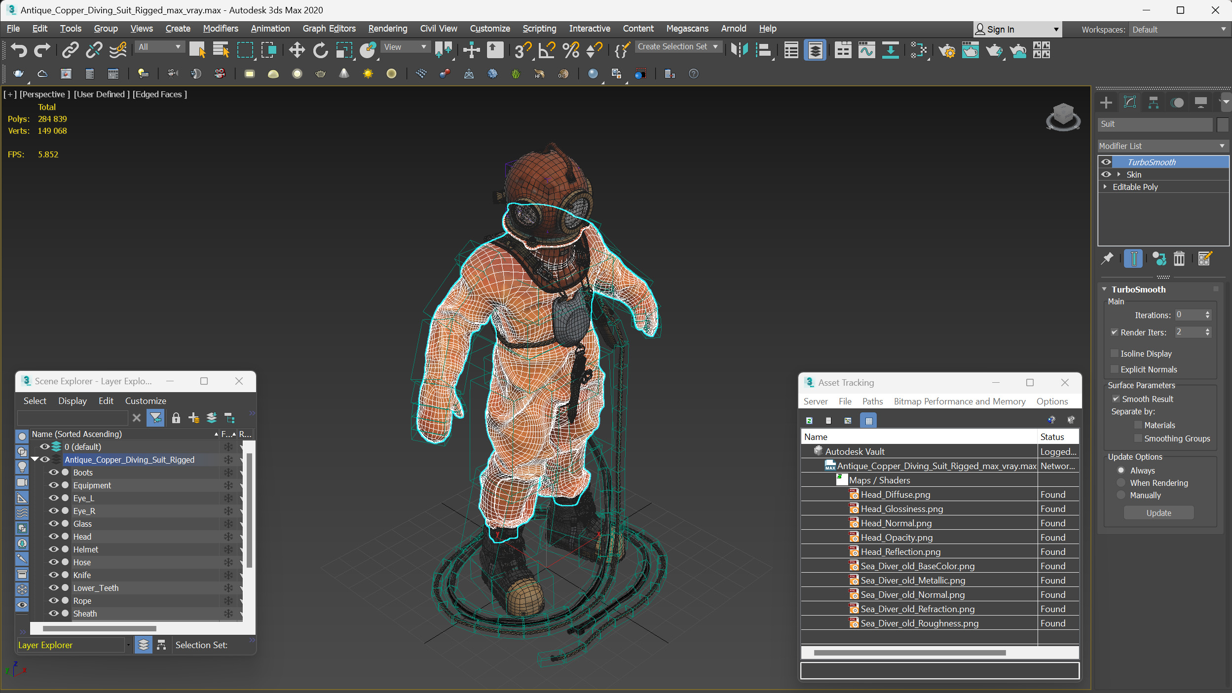 3D Antique Copper Diving Suit Rigged model