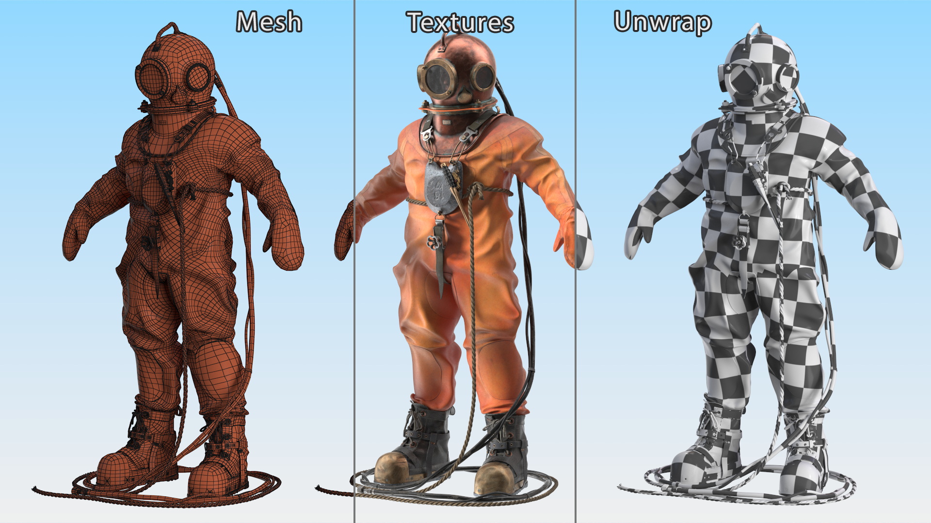 3D Antique Copper Diving Suit Rigged model