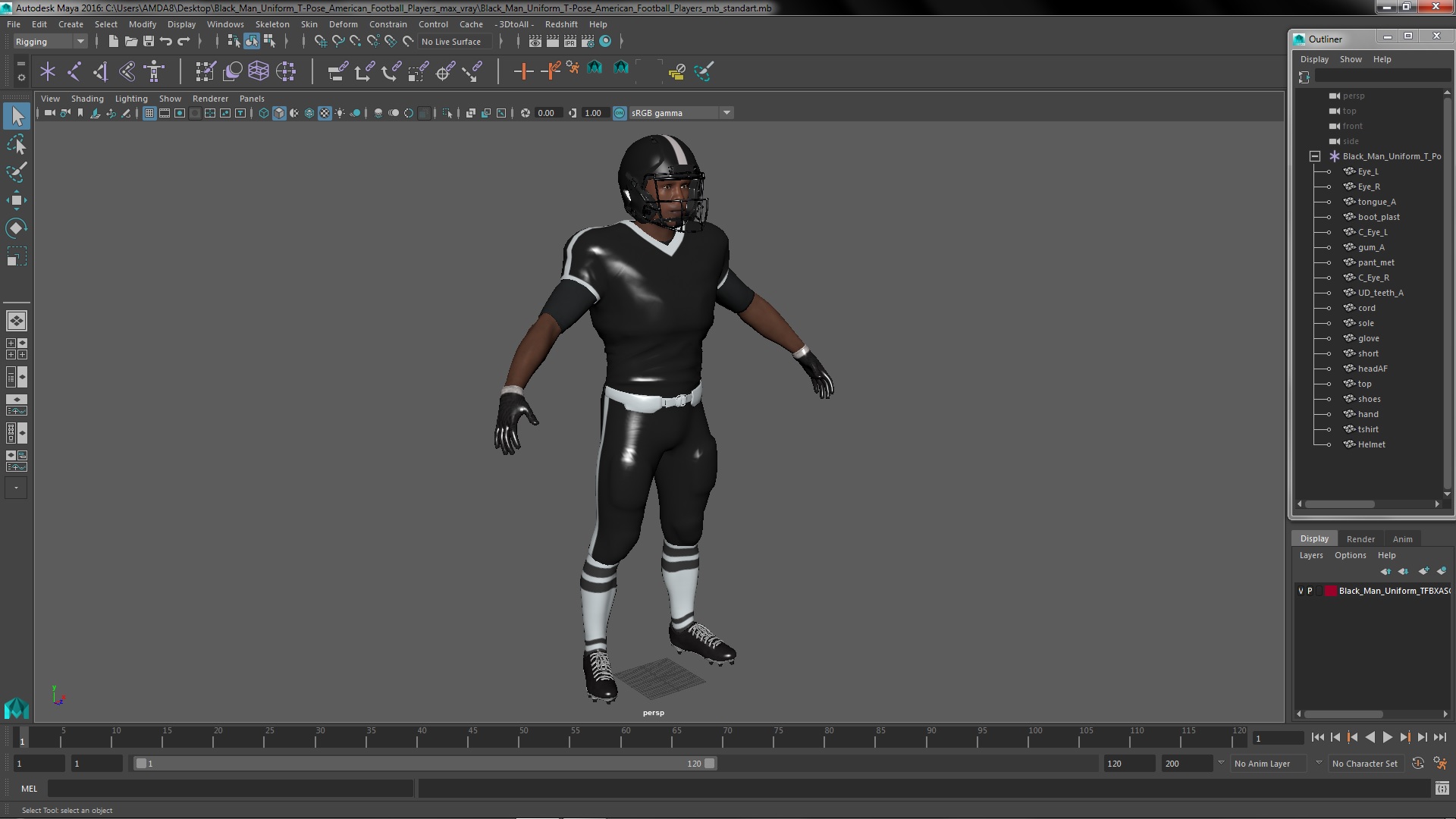 3D model Black Man Uniform T-Pose American Football Players