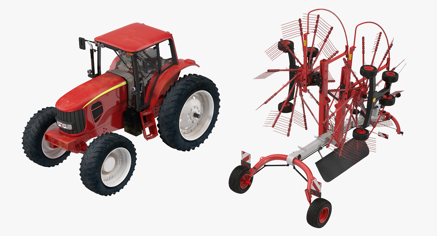 Tractor with Twin Rotary Rake Generic Parked 3D model