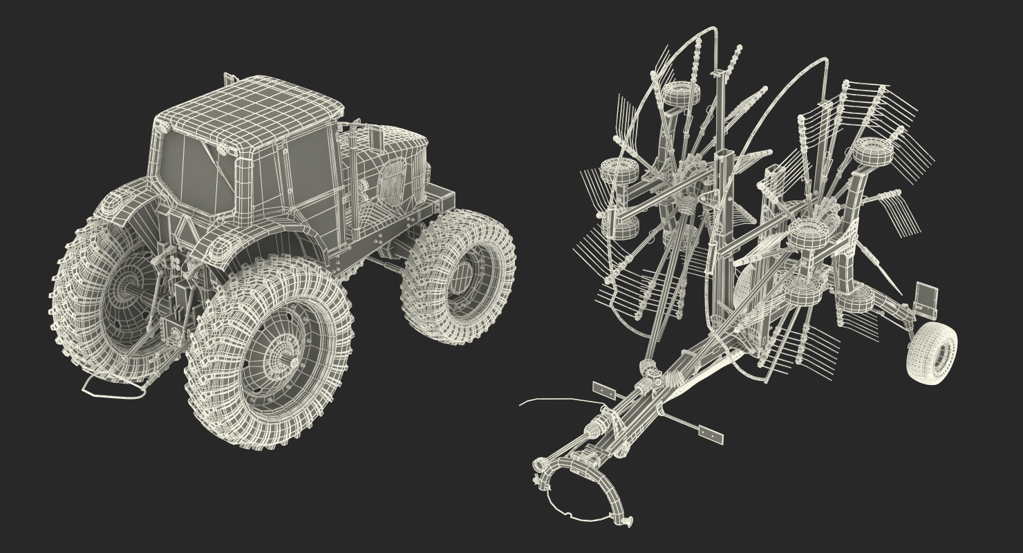 Tractor with Twin Rotary Rake Generic Parked 3D model