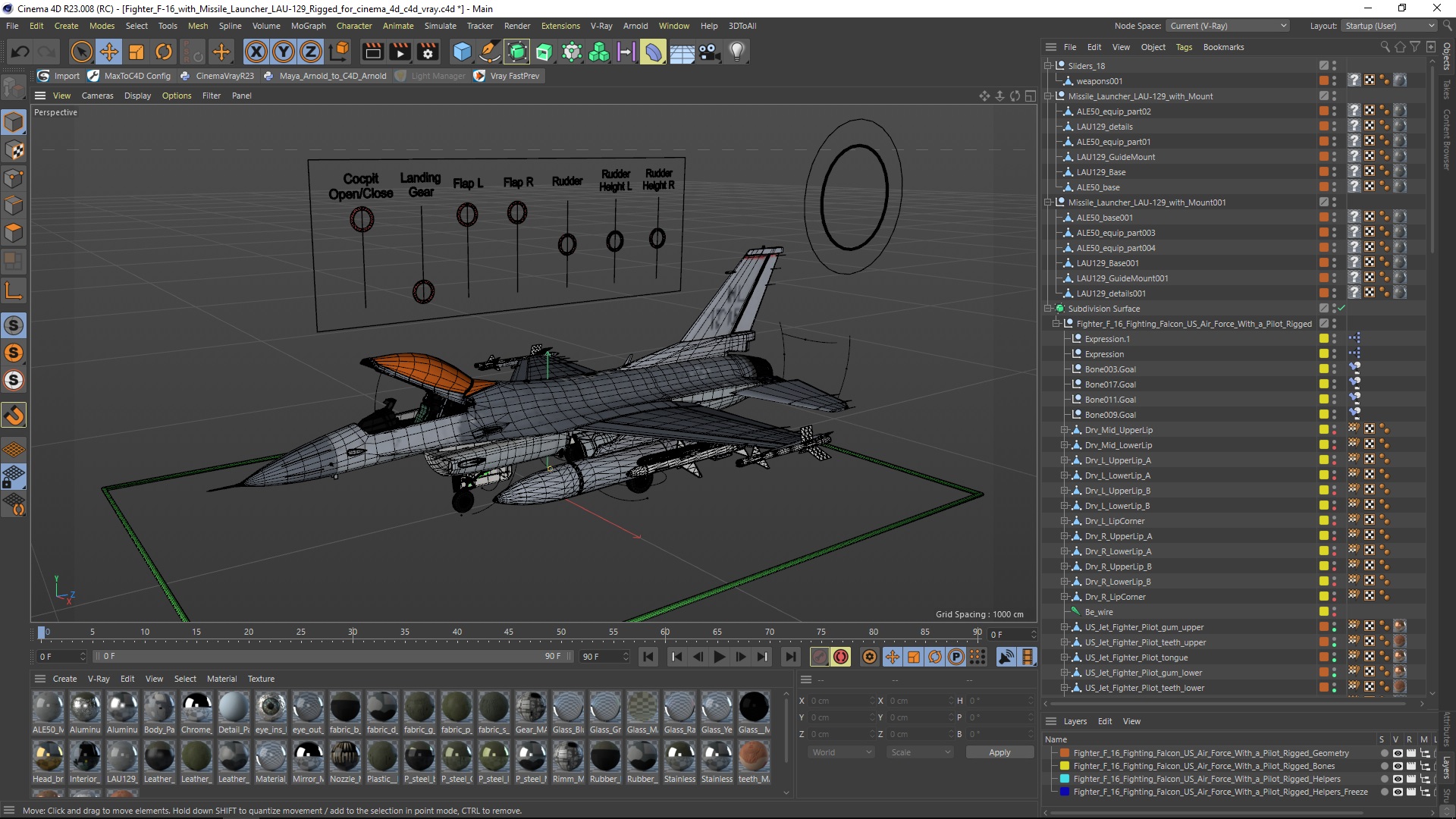 3D Fighter F-16 with Missile Launcher LAU-129 Rigged for Cinema 4D model