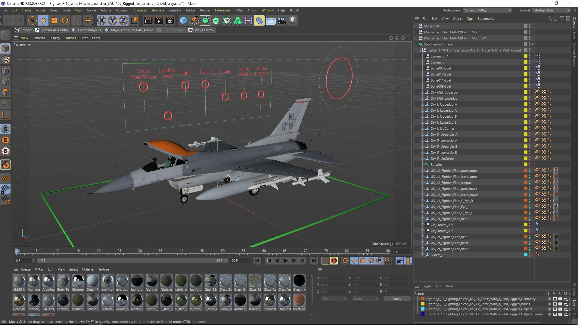 3D Fighter F-16 with Missile Launcher LAU-129 Rigged for Cinema 4D model