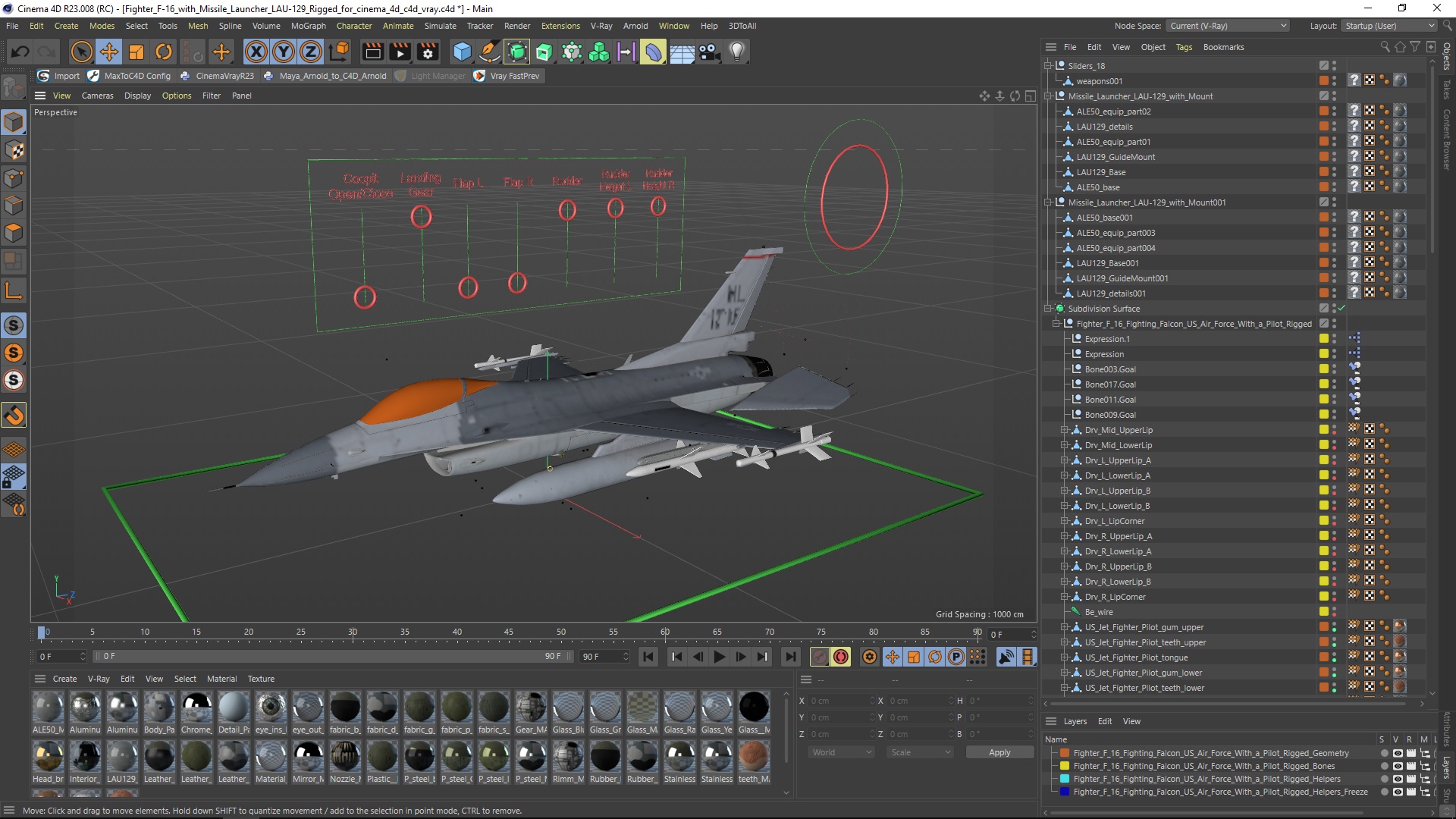 3D Fighter F-16 with Missile Launcher LAU-129 Rigged for Cinema 4D model
