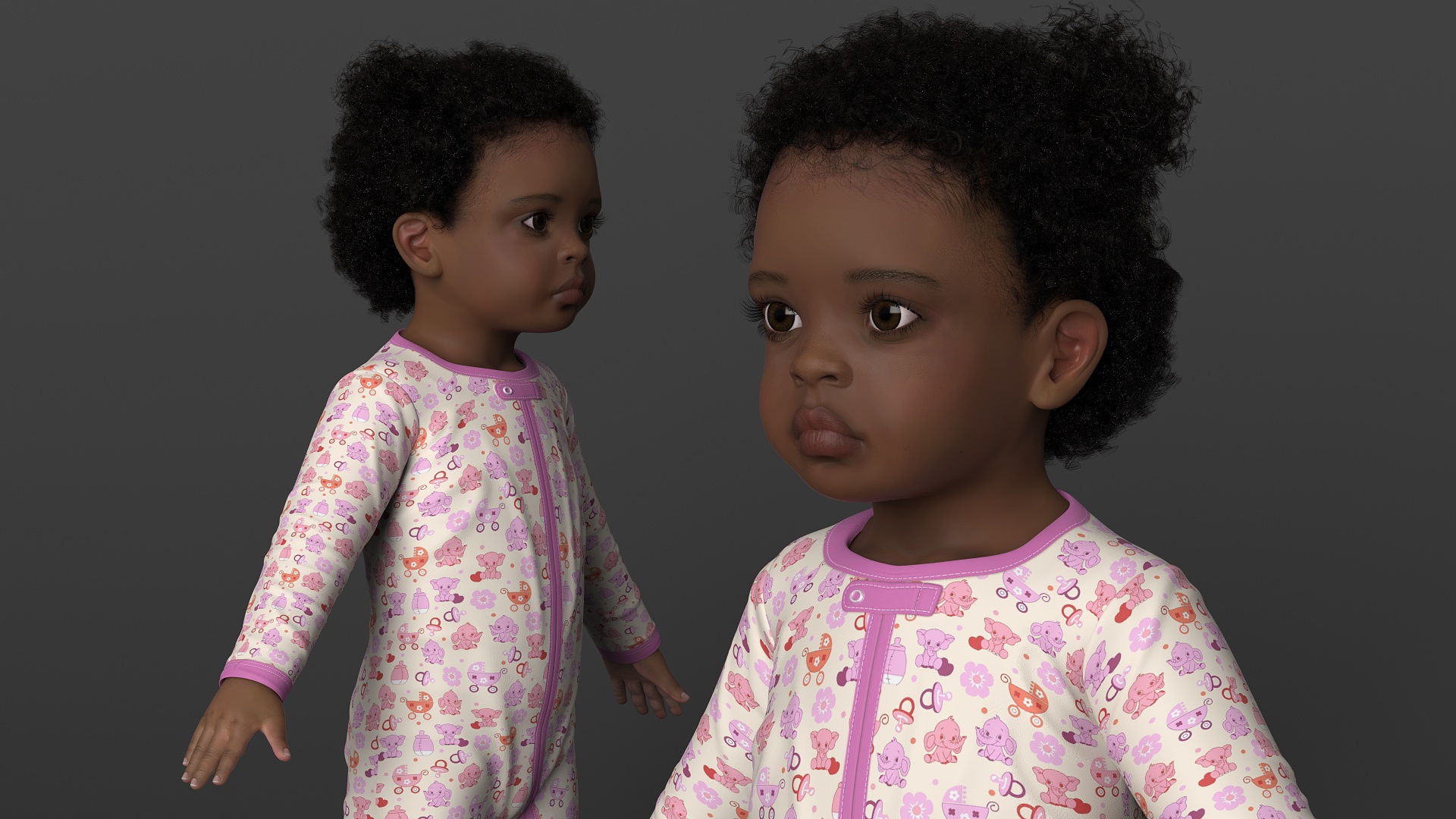 Black Baby Girl Light Skin in Full Bodysuit A-Pose Fur 3D model