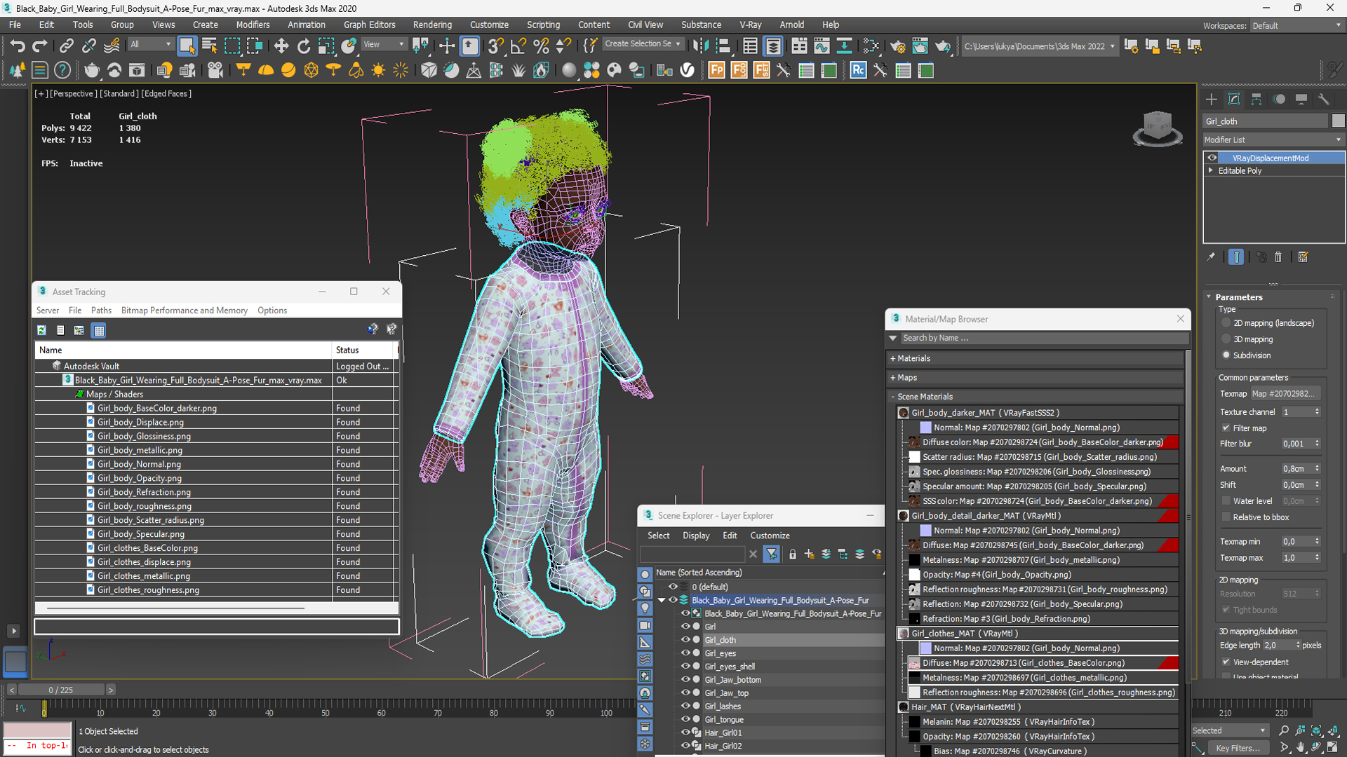 Black Baby Girl Light Skin in Full Bodysuit A-Pose Fur 3D model