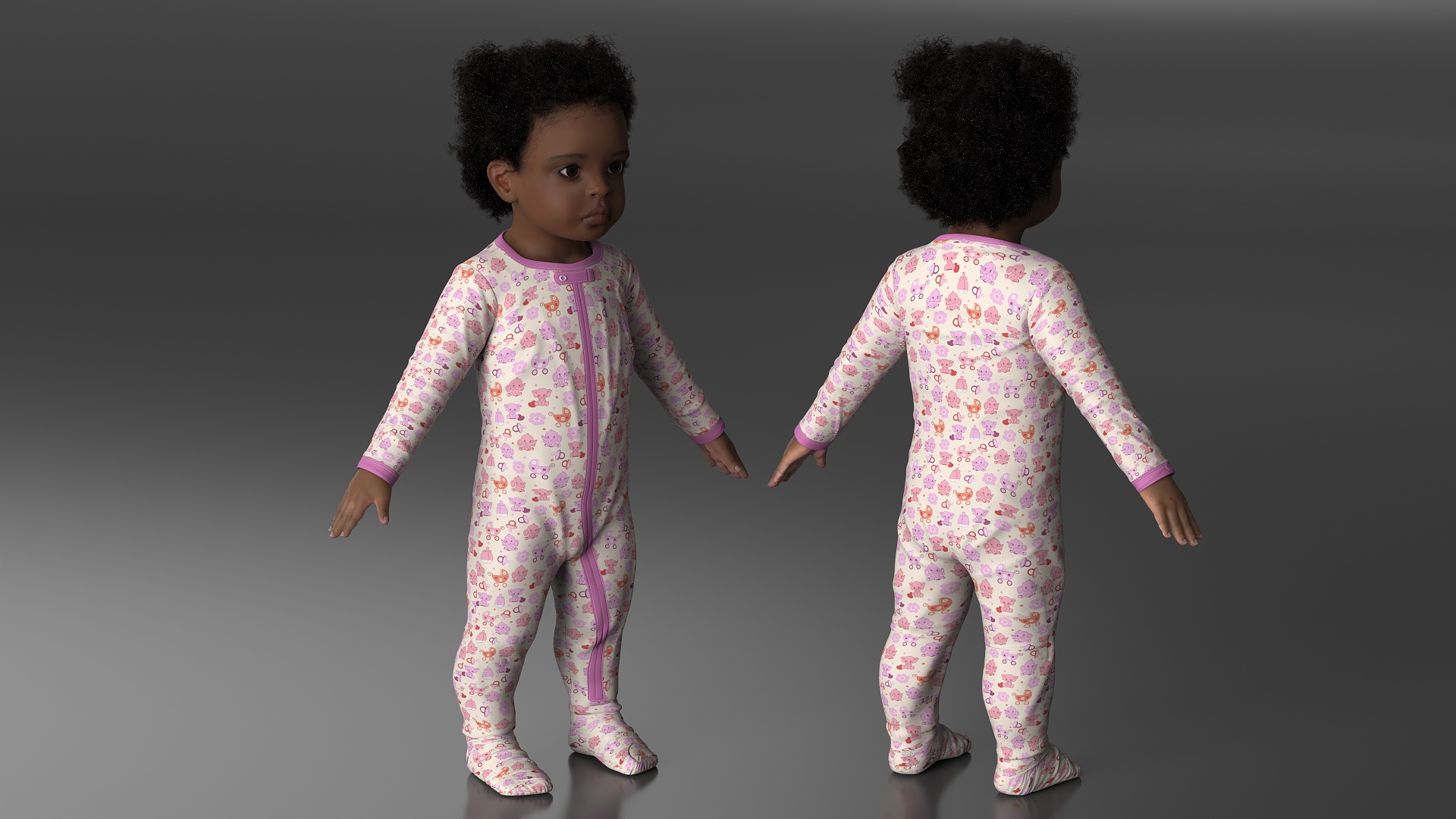 Black Baby Girl Light Skin in Full Bodysuit A-Pose Fur 3D model