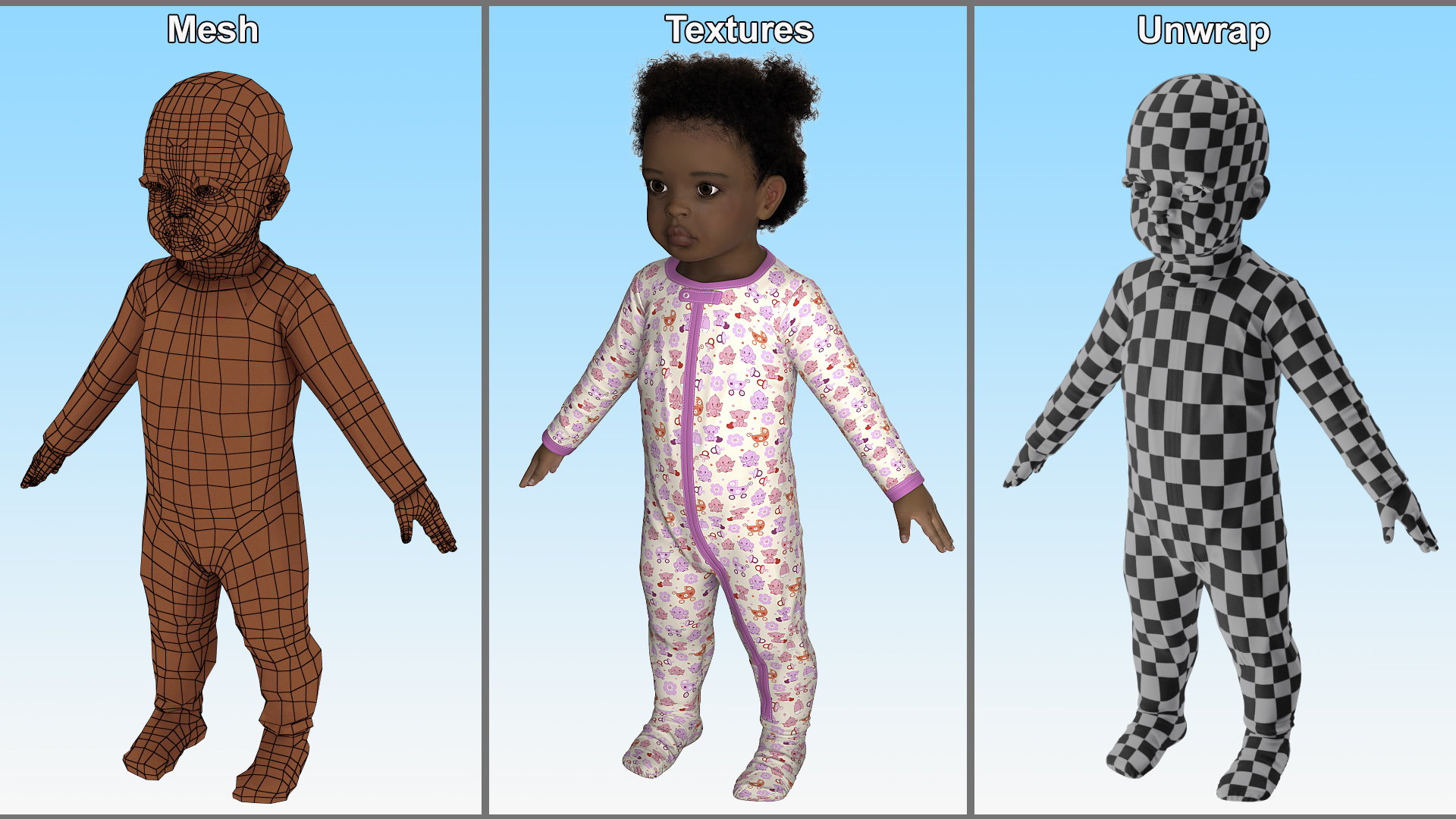 Black Baby Girl Light Skin in Full Bodysuit A-Pose Fur 3D model