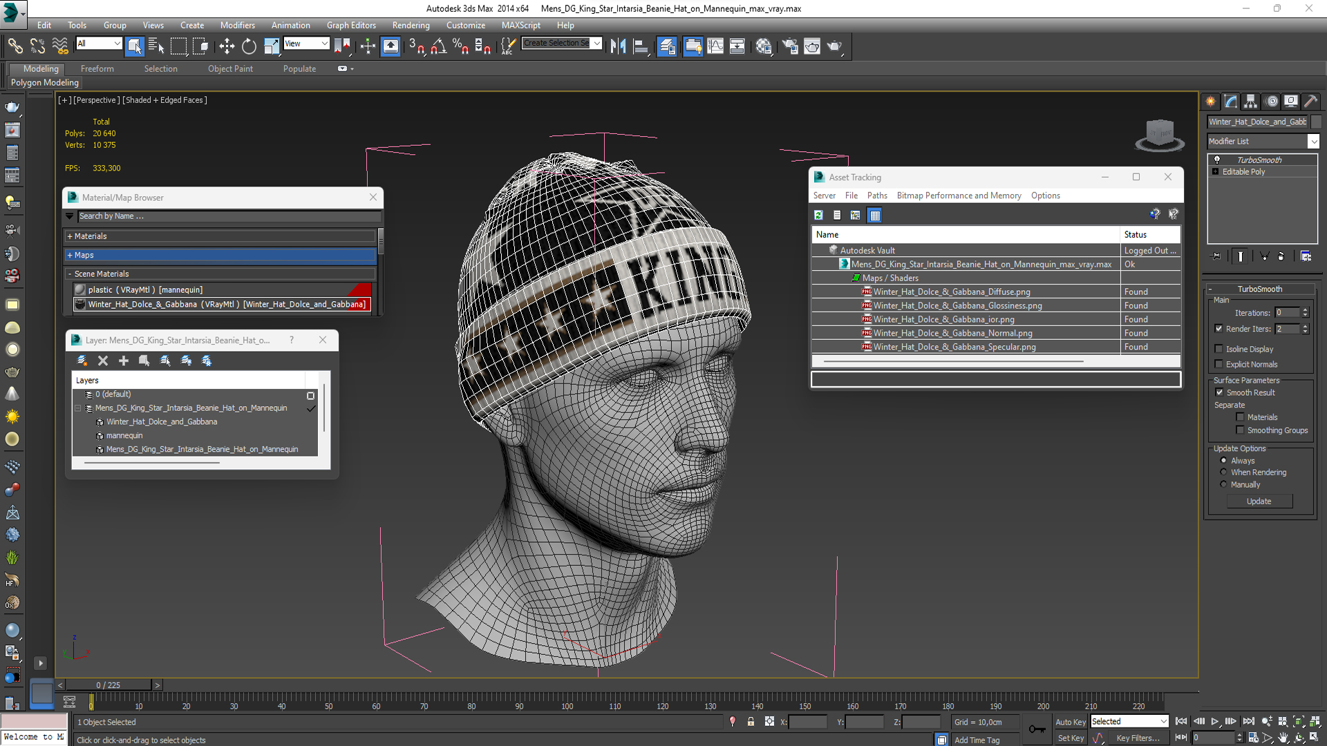 3D model Mens DG King Star Intarsia Beanie Hat on Mannequin