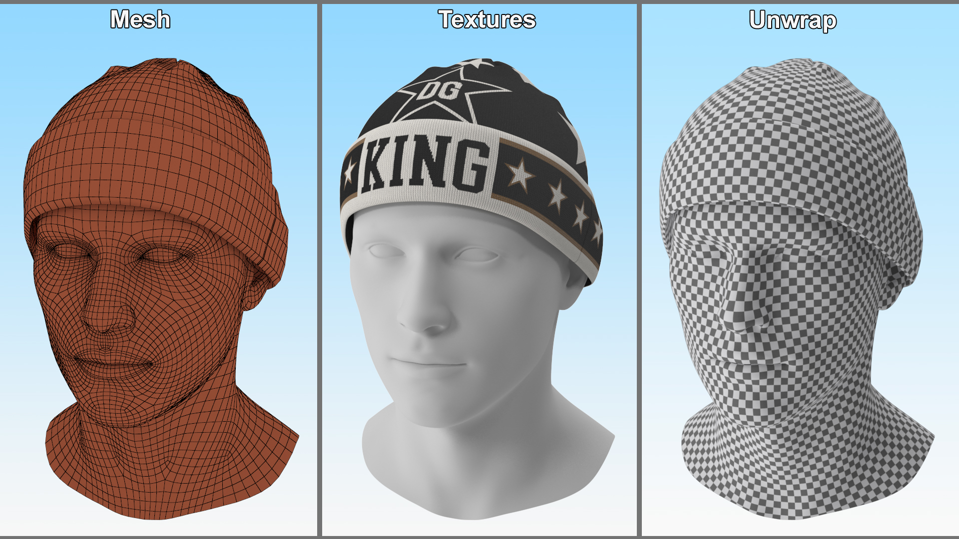 3D model Mens DG King Star Intarsia Beanie Hat on Mannequin