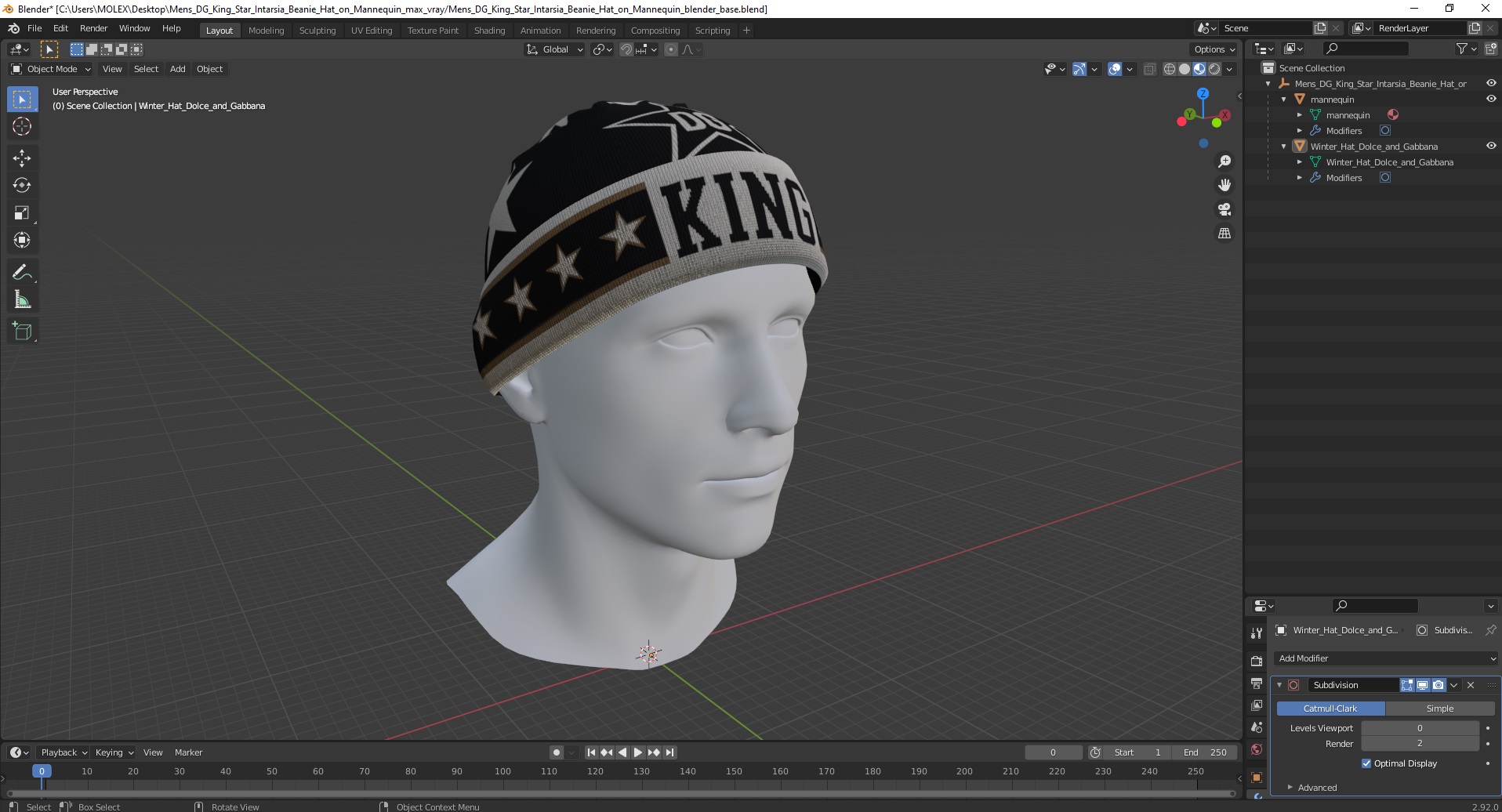 3D model Mens DG King Star Intarsia Beanie Hat on Mannequin