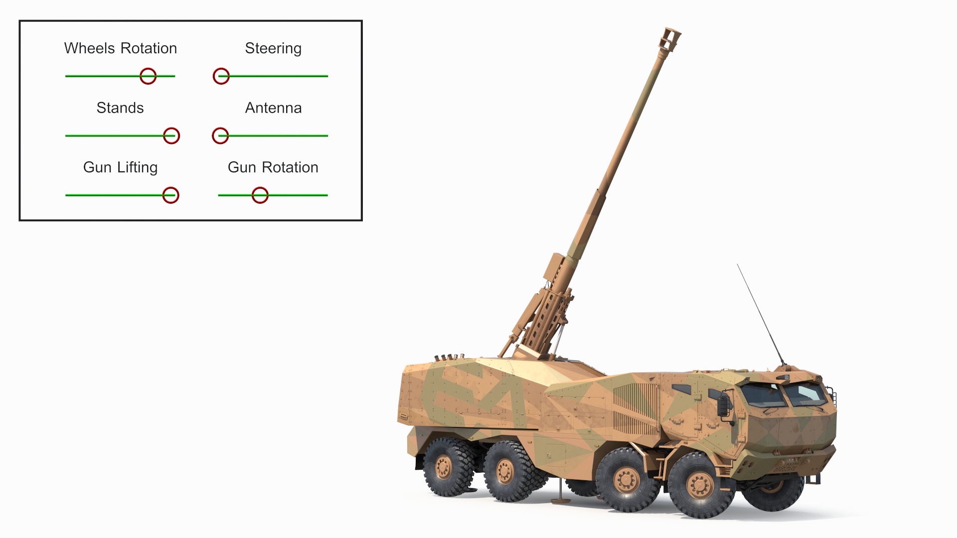 3D Wheeled Armored Howitzer in Desert Camouflage Rigged for Maya