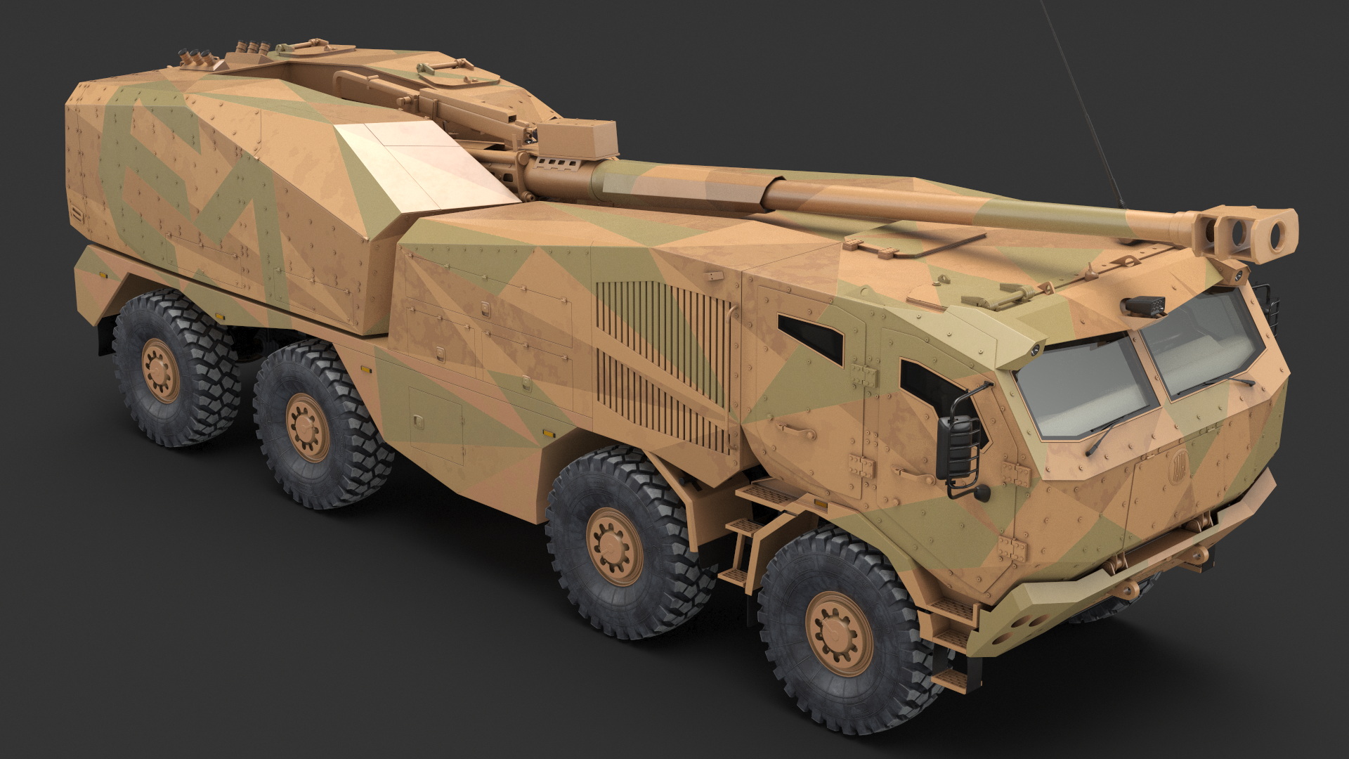 3D Wheeled Armored Howitzer in Desert Camouflage Rigged for Maya