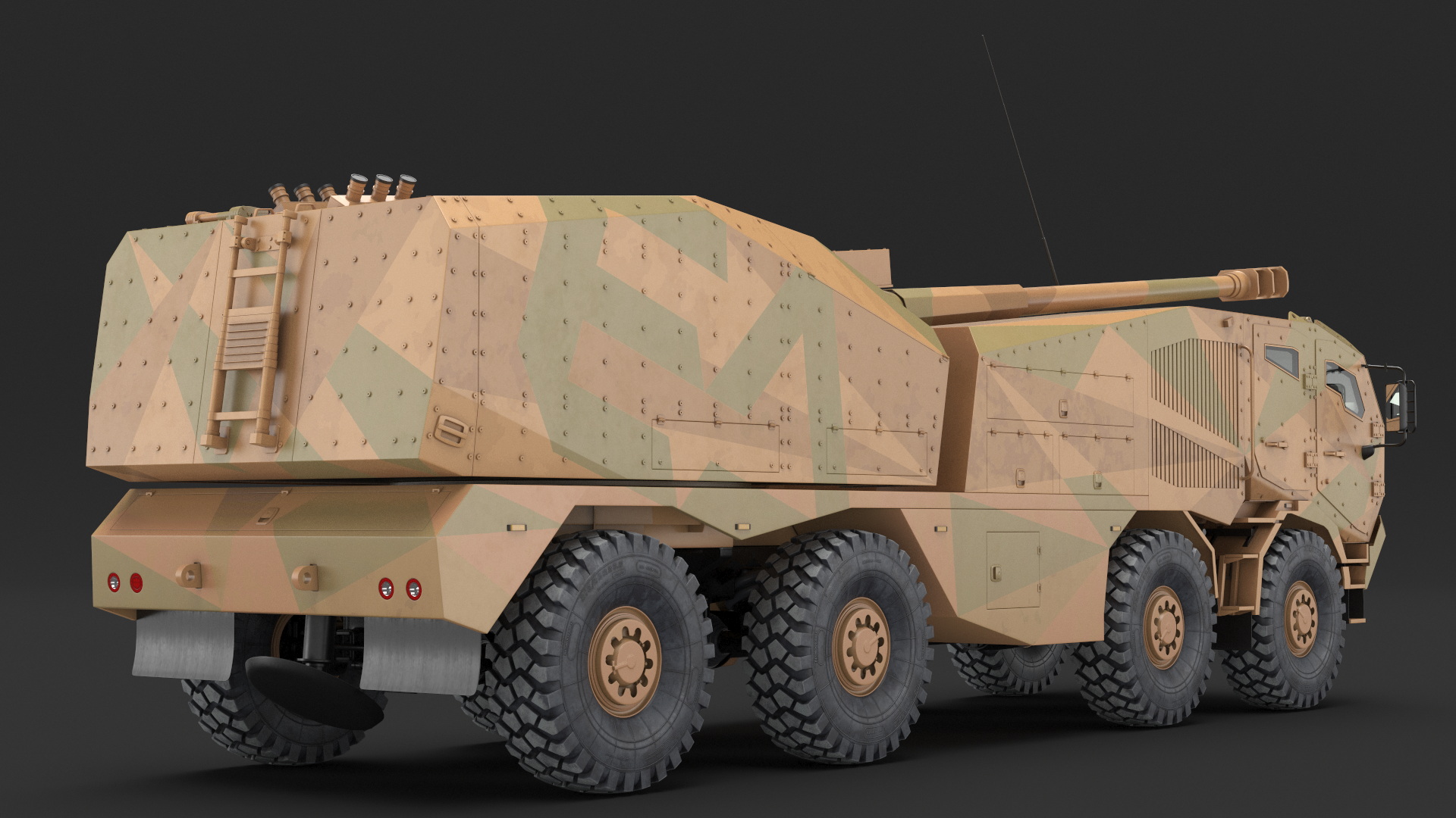 3D Wheeled Armored Howitzer in Desert Camouflage Rigged for Maya