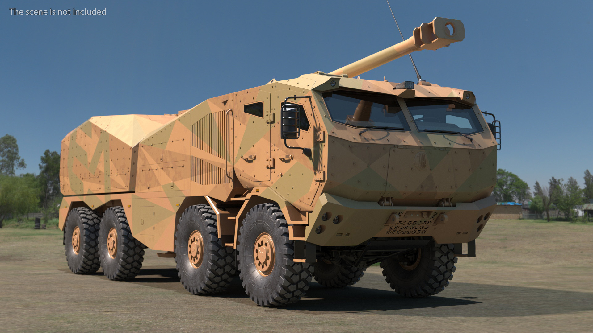 3D Wheeled Armored Howitzer in Desert Camouflage Rigged for Maya