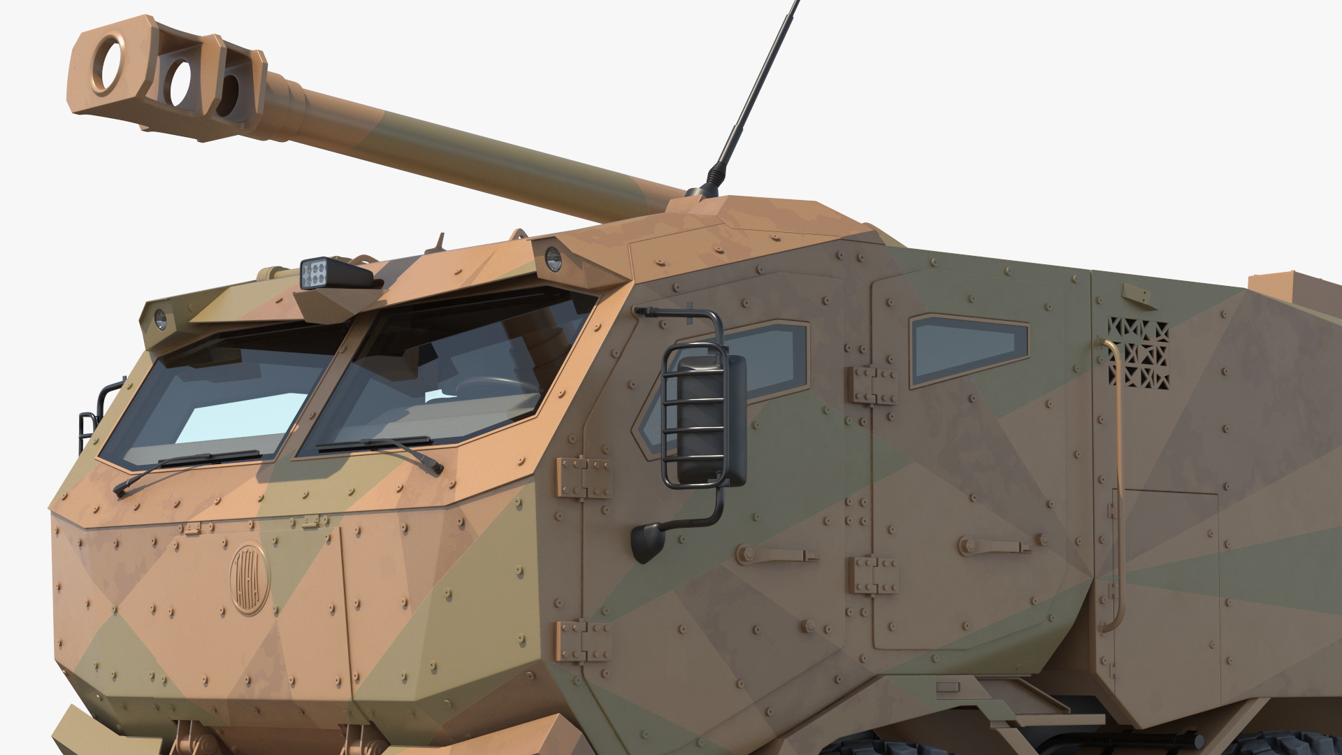3D Wheeled Armored Howitzer in Desert Camouflage Rigged for Maya