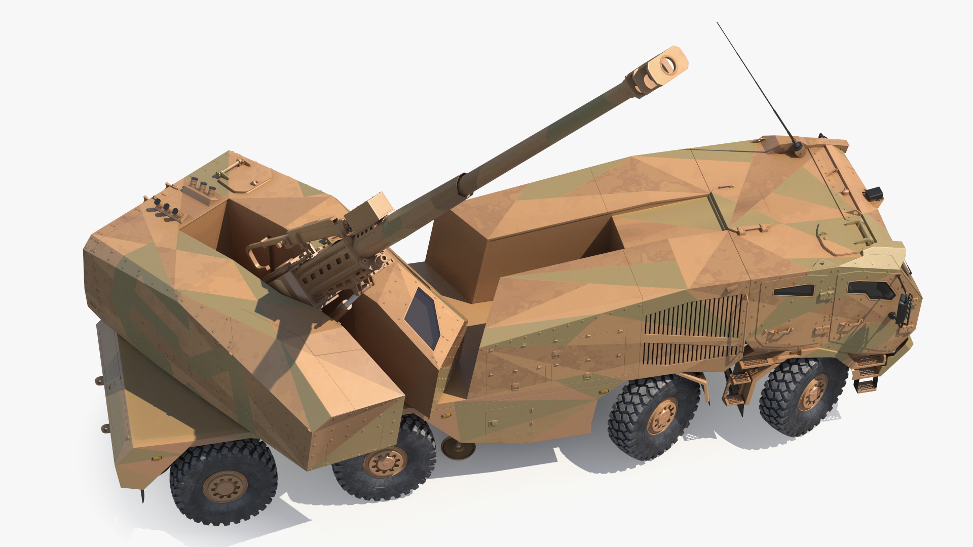 3D Wheeled Armored Howitzer in Desert Camouflage Rigged for Maya