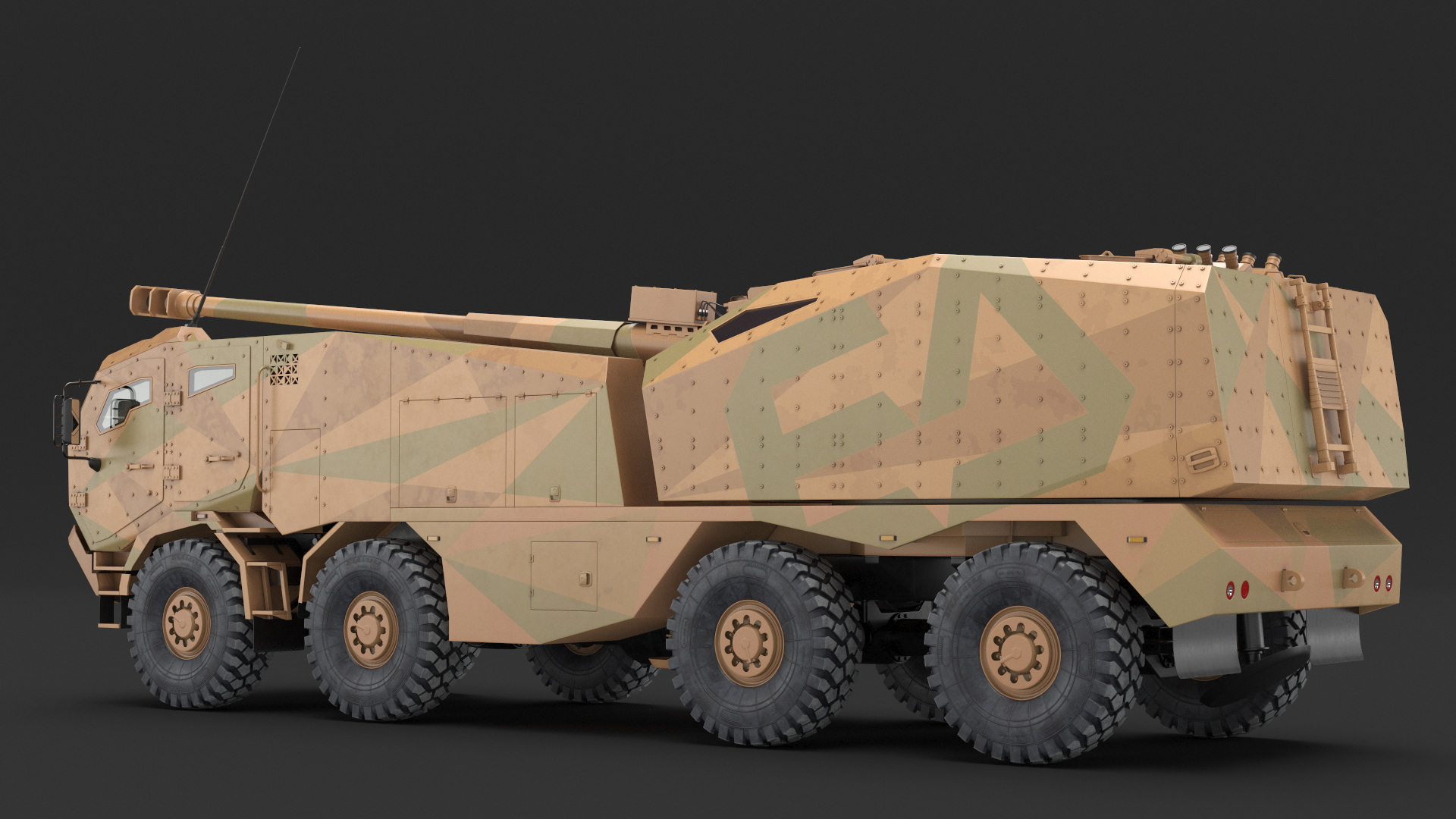 3D Wheeled Armored Howitzer in Desert Camouflage Rigged for Maya