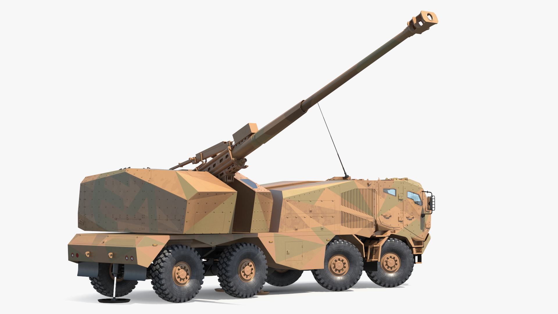3D Wheeled Armored Howitzer in Desert Camouflage Rigged for Maya
